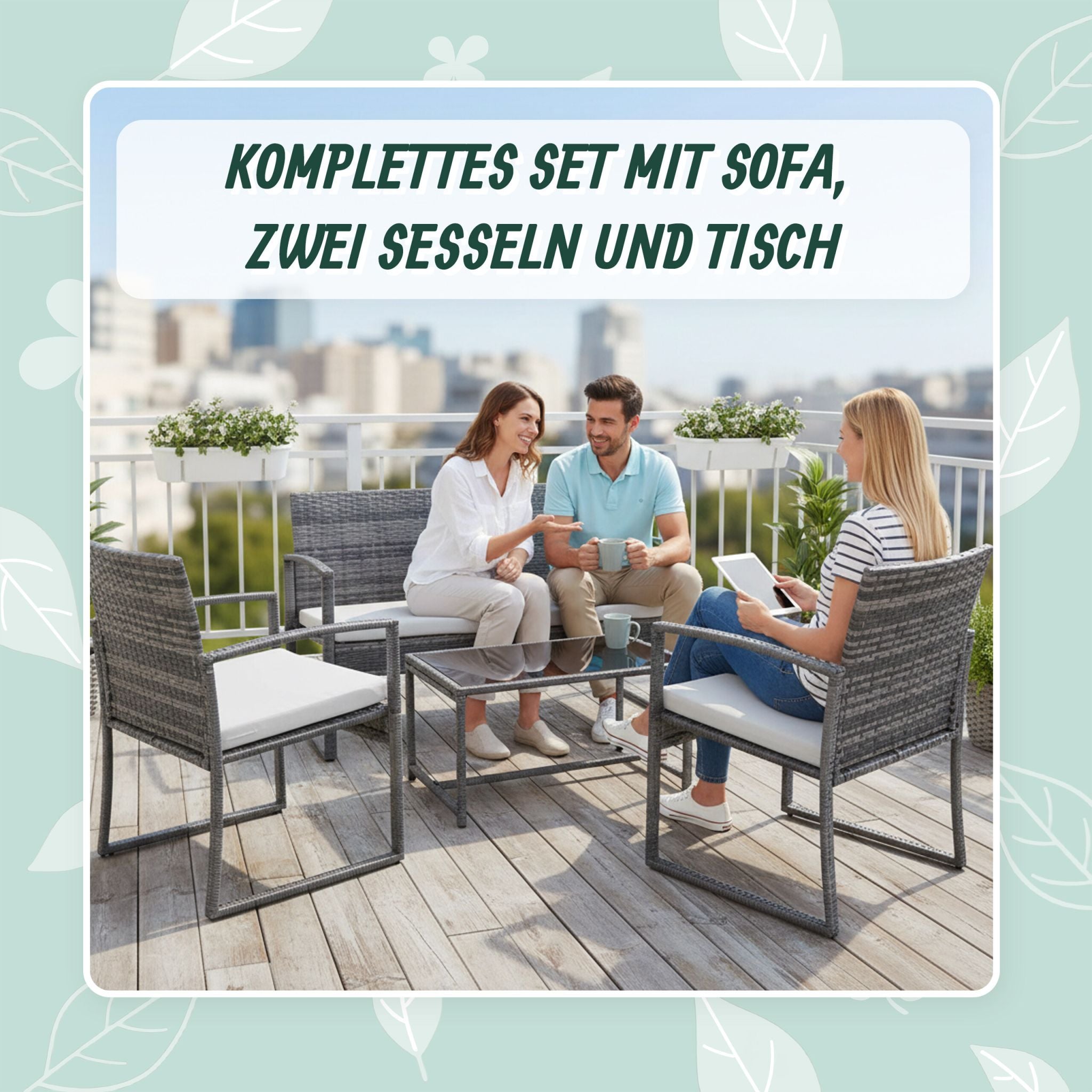 Gartenmöbel 4er-Set Rattan Creme-Grau von Relaxdays
