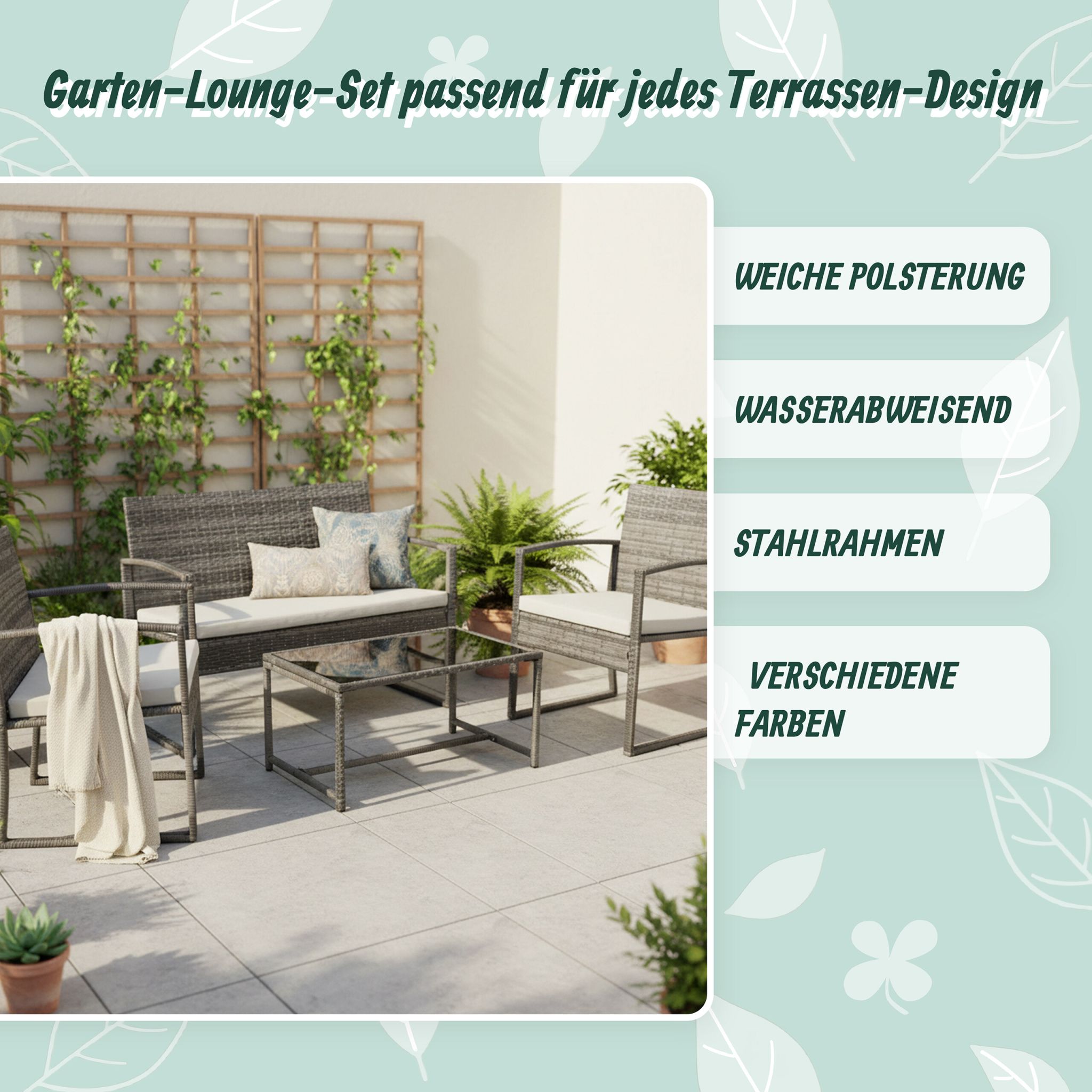 Gartenmöbel 4er-Set Rattan Creme-Grau von Relaxdays