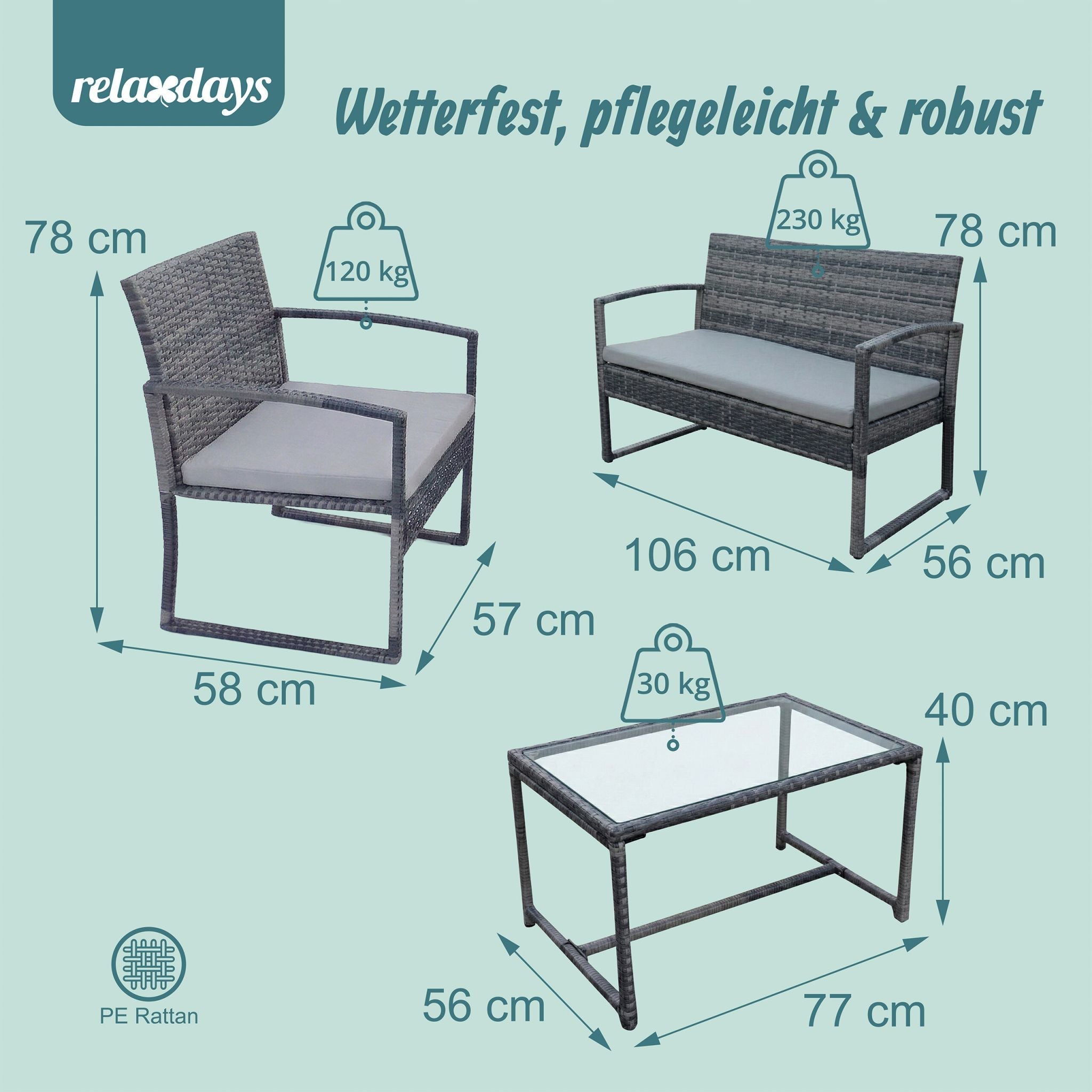 Gartenmöbel 4er-Set Rattan Creme-Grau von Relaxdays