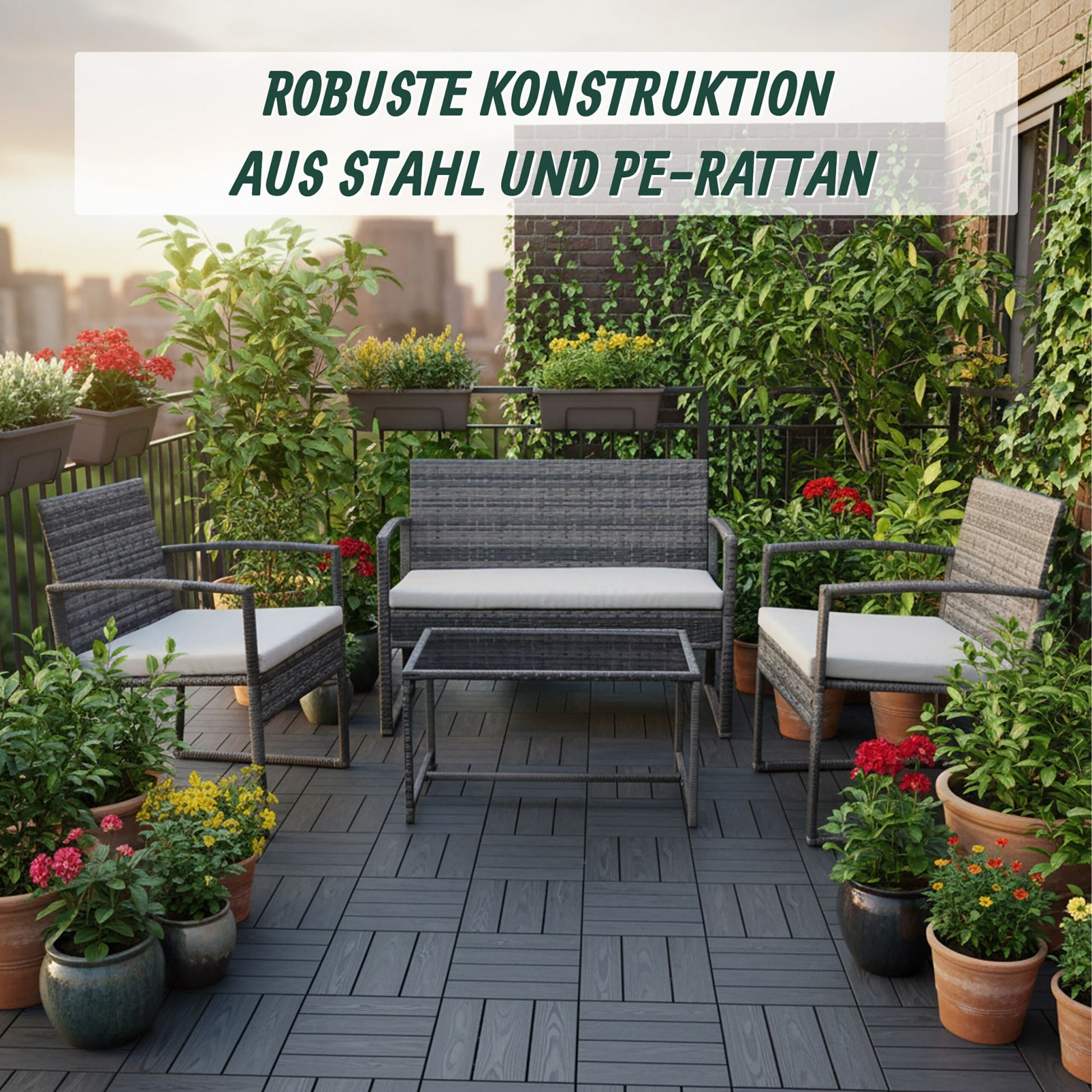 Gartenmöbel 4er-Set Rattan Creme-Grau von Relaxdays