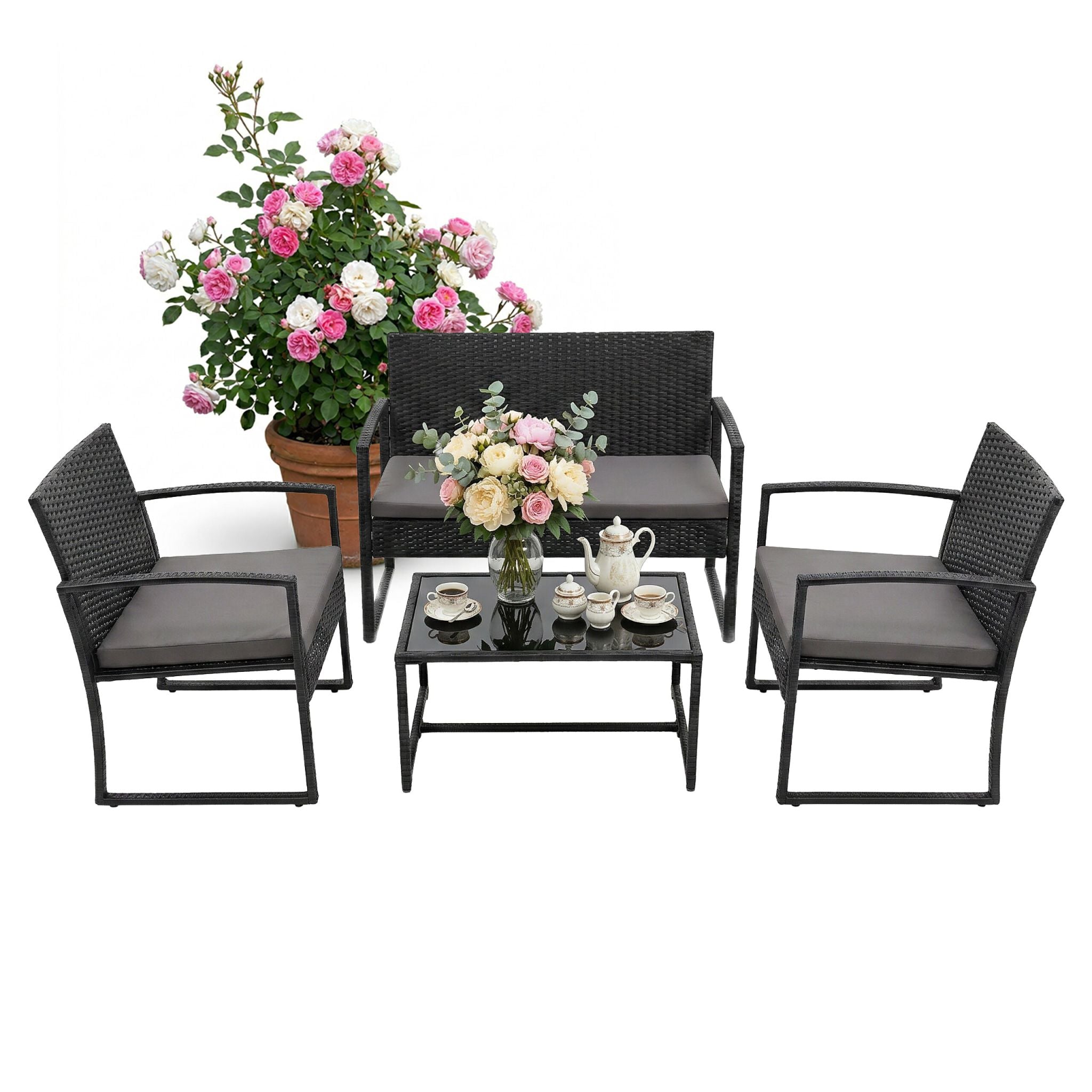 Gartenmöbel 4er-Set Rattan Schwarz-Grau von Relaxdays