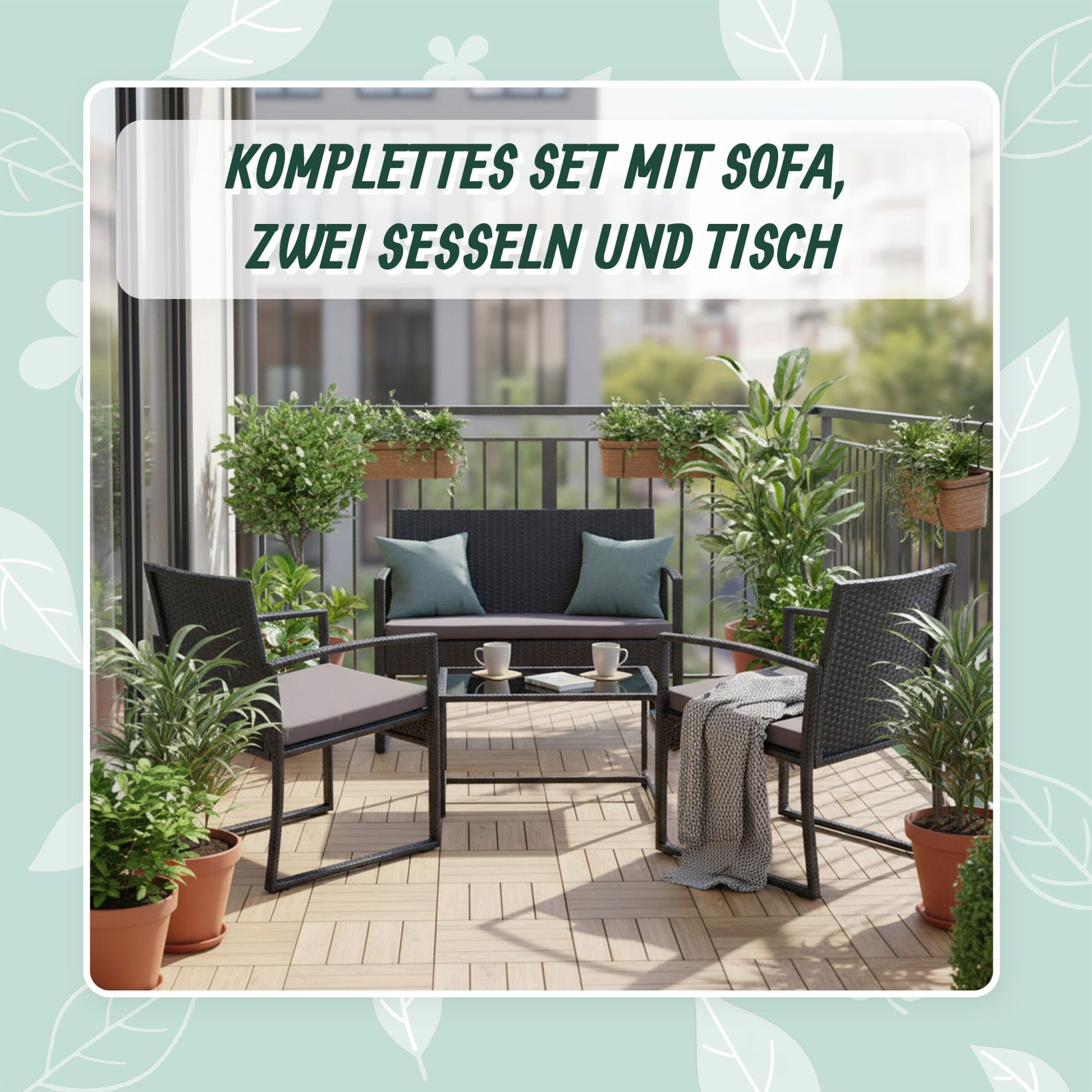 Gartenmöbel 4er-Set Rattan Schwarz-Grau von Relaxdays