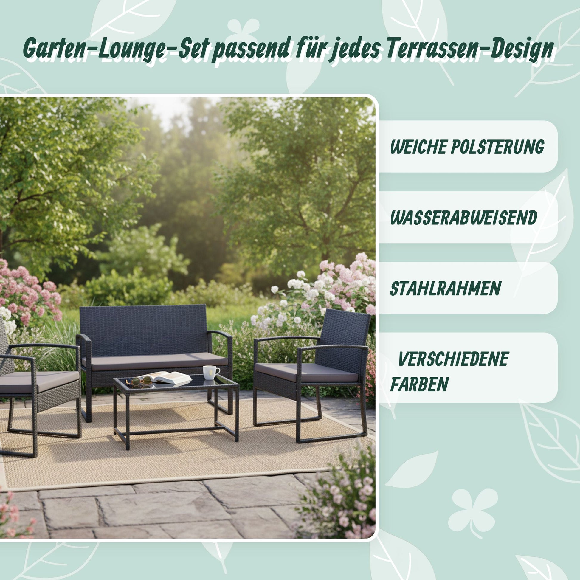 Gartenmöbel 4er-Set Rattan Schwarz-Grau von Relaxdays
