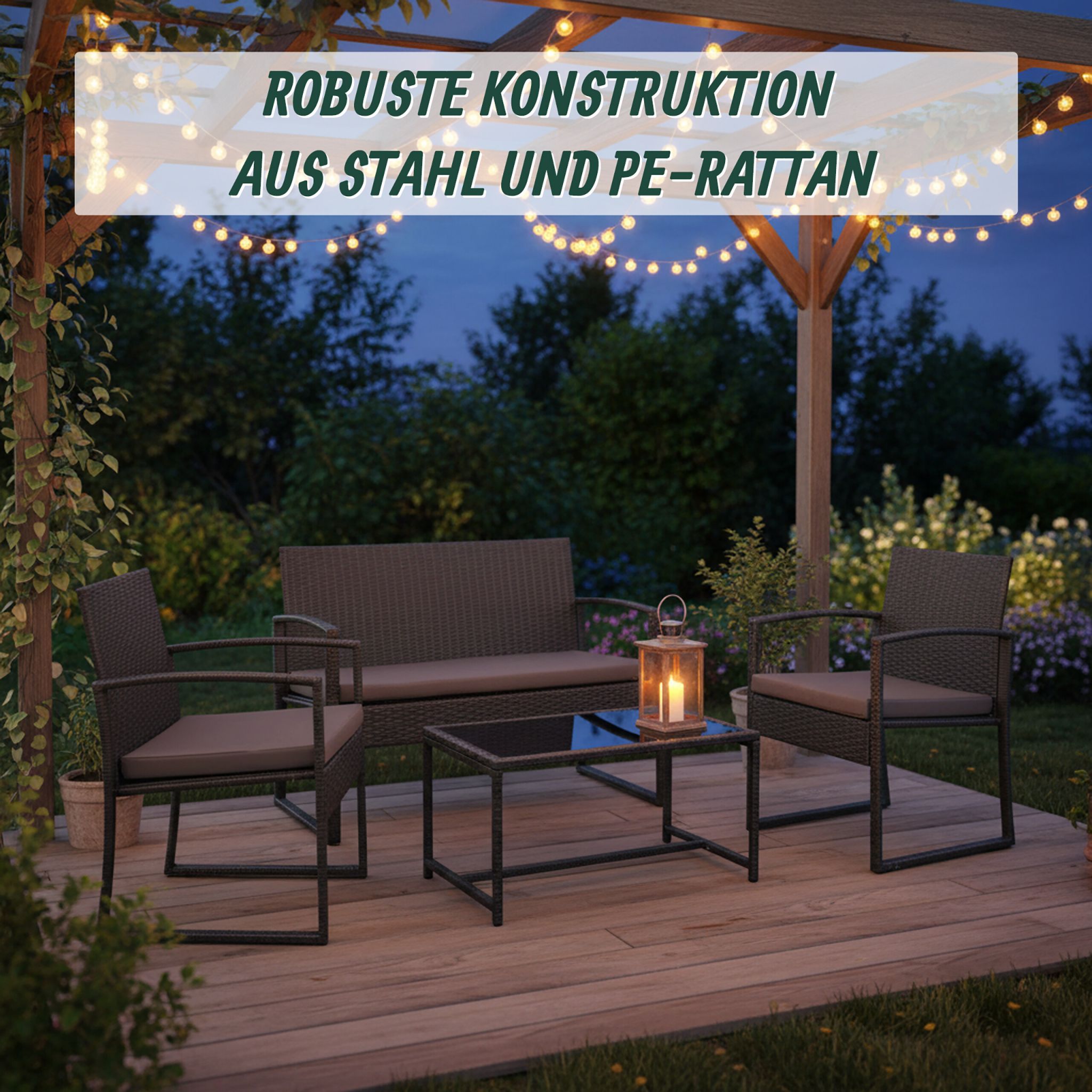 Gartenmöbel 4er-Set Rattan Schwarz-Grau von Relaxdays