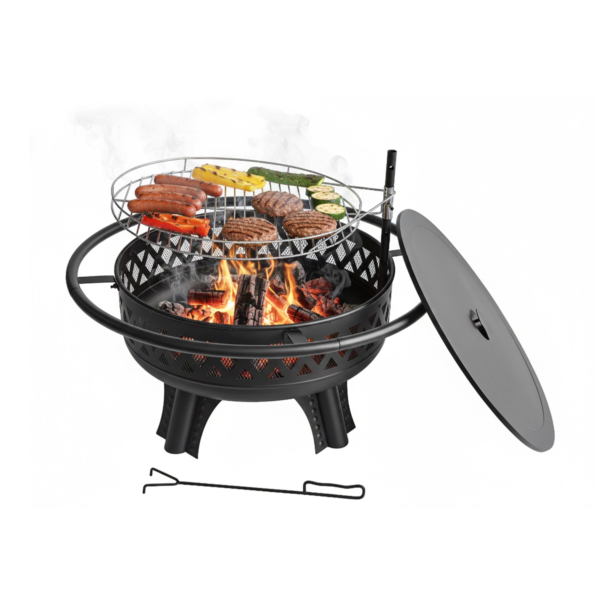 Feuerschale mit verstellbarem Grillrost Schwarz von Relaxdays