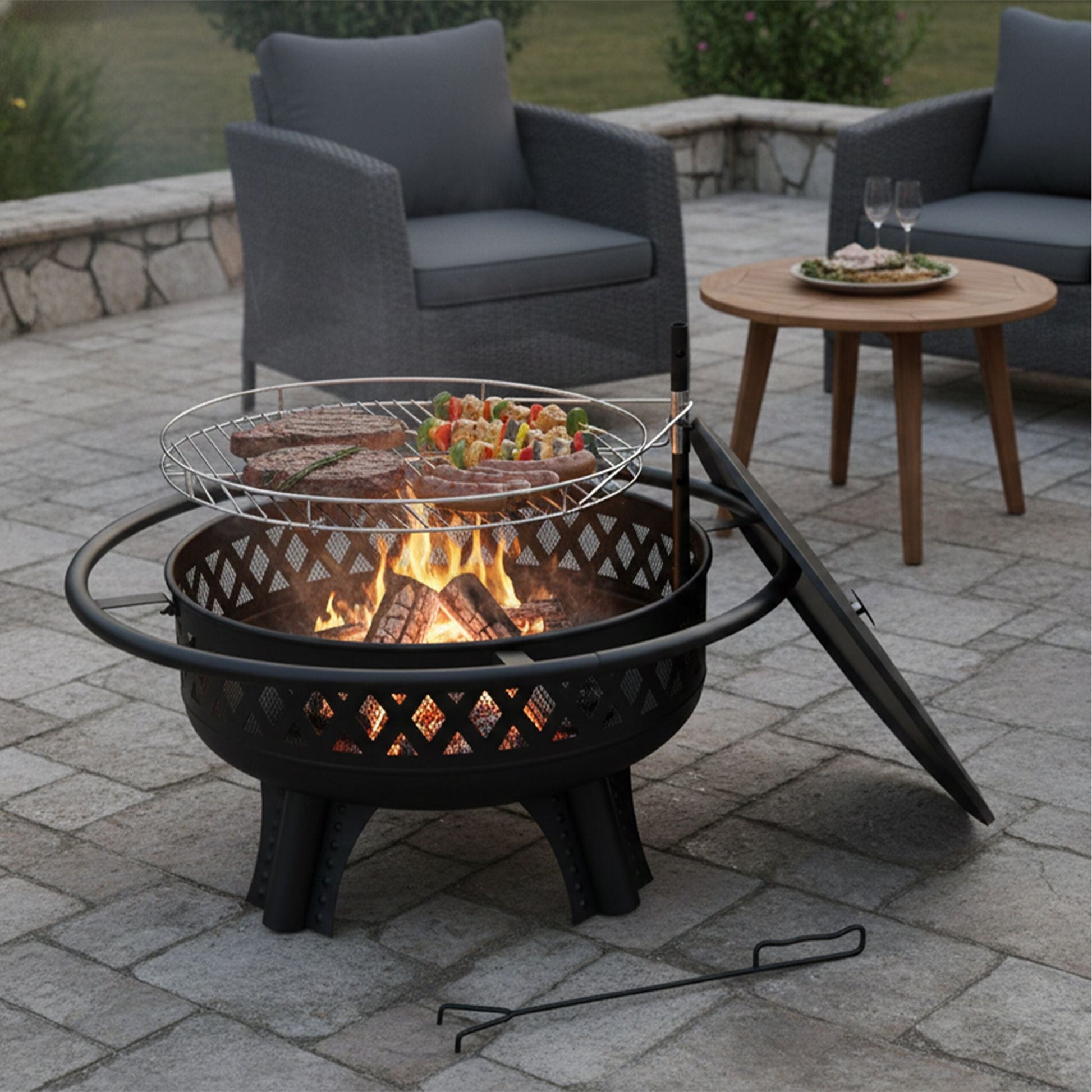 Feuerschale mit verstellbarem Grillrost Schwarz von Relaxdays