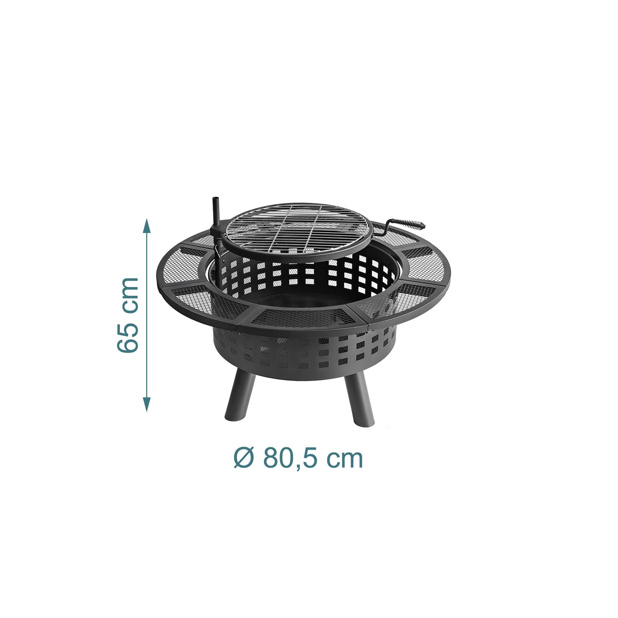 Feuerschale mit verstellbarem Grillrost Schwarz von Relaxdays