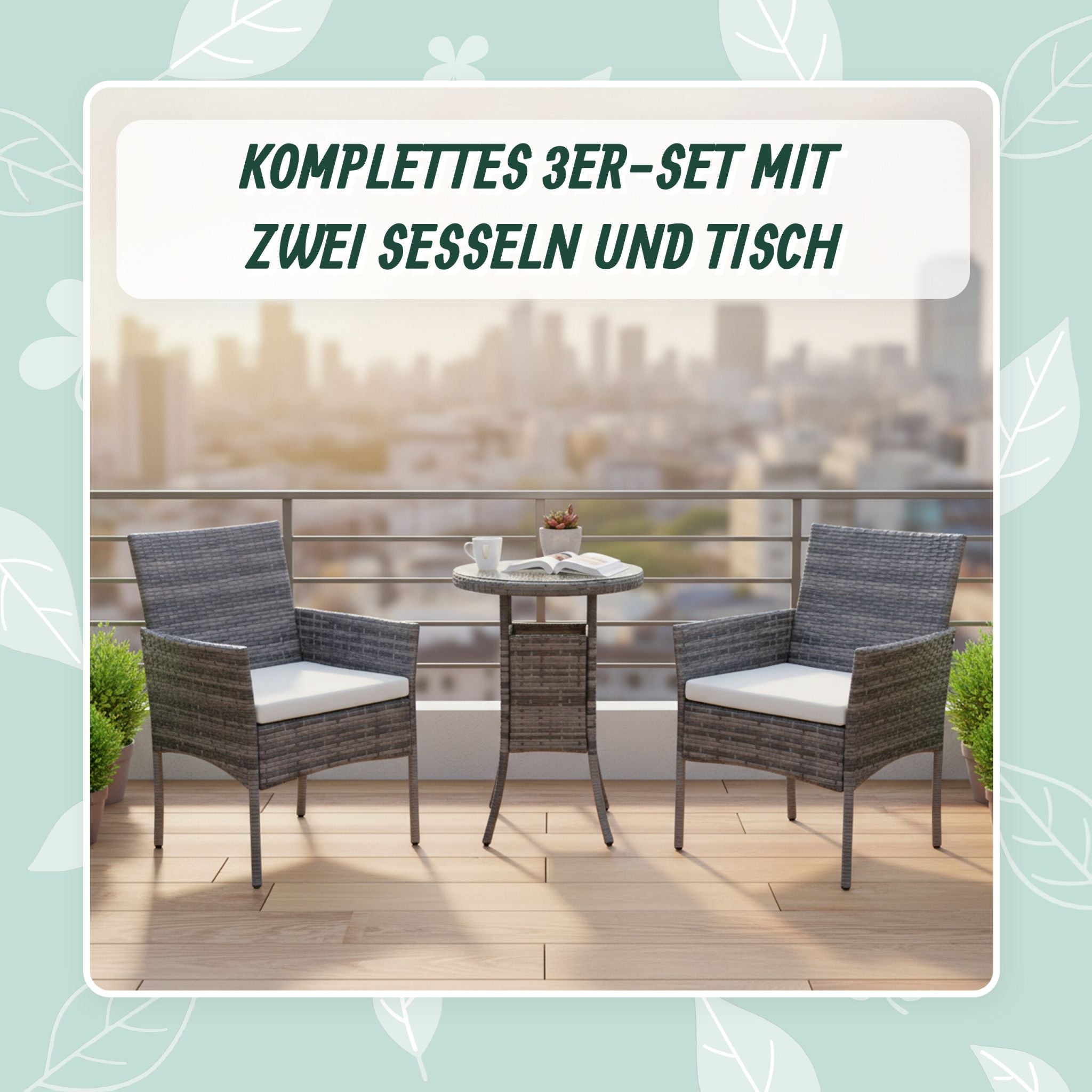 Gartenmöbel 3er-Set Rattan Creme-Grau