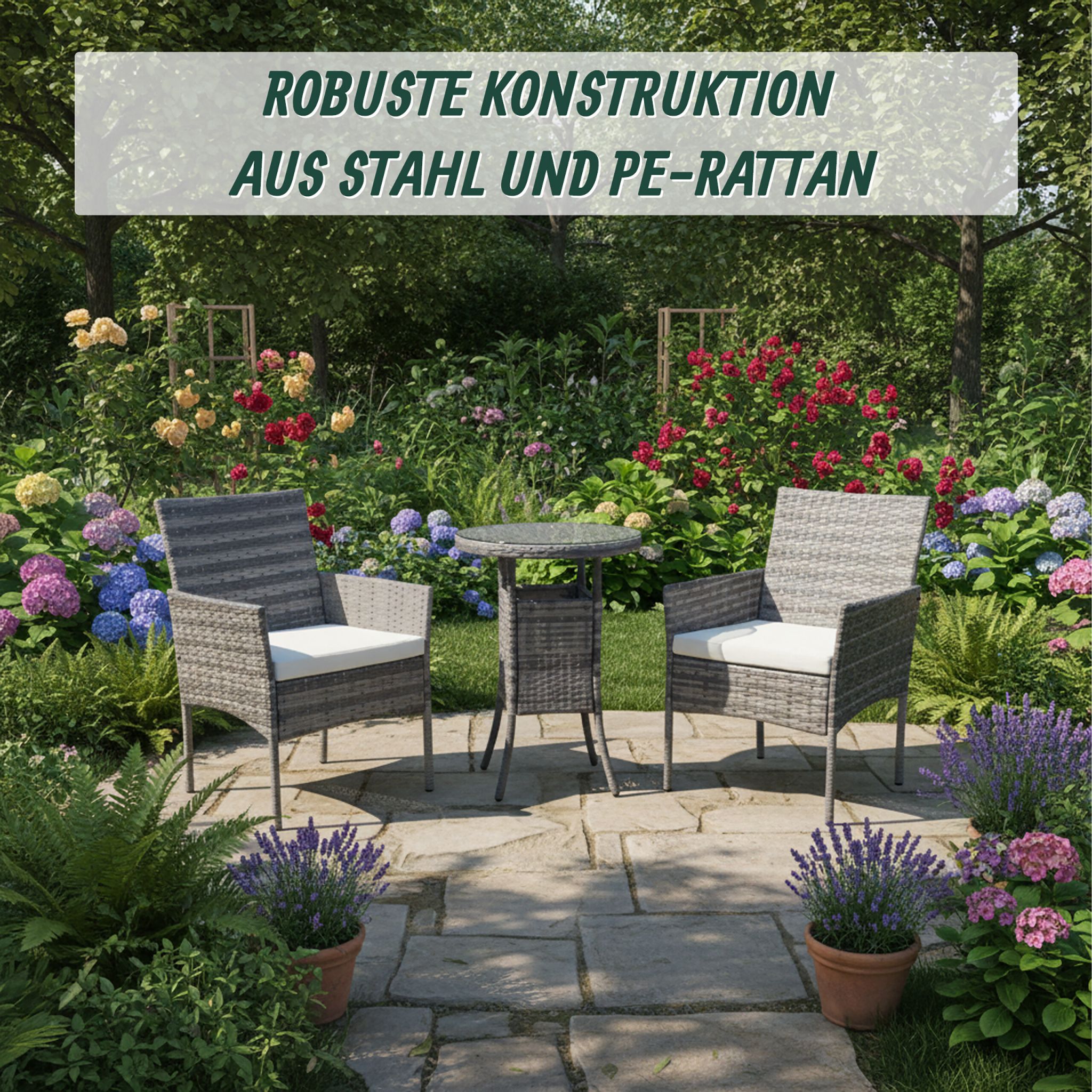 Gartenmöbel 3er-Set Rattan Creme-Grau
