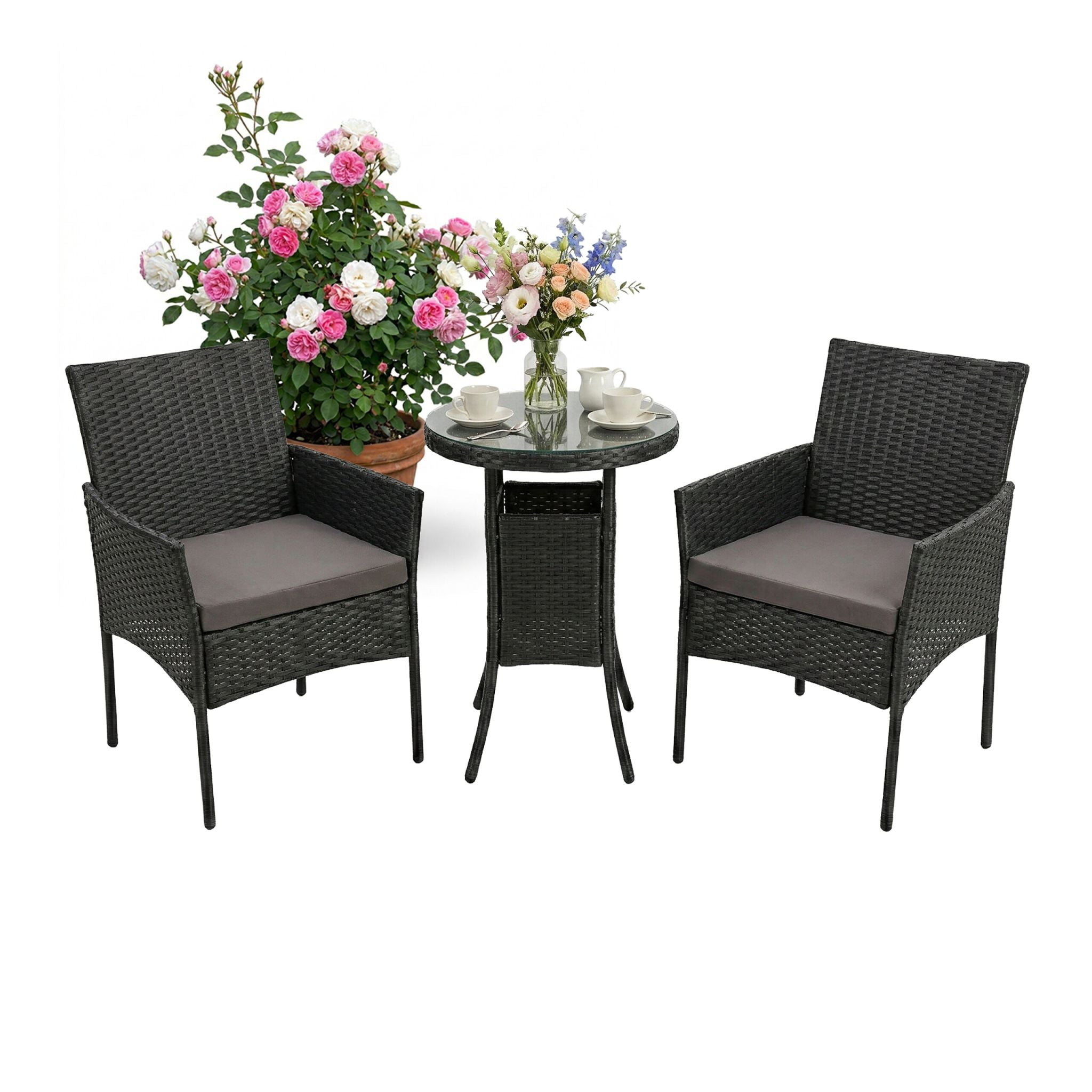 Gartenmöbel 3er-Set Rattan Schwarz-Grau von Relaxdays