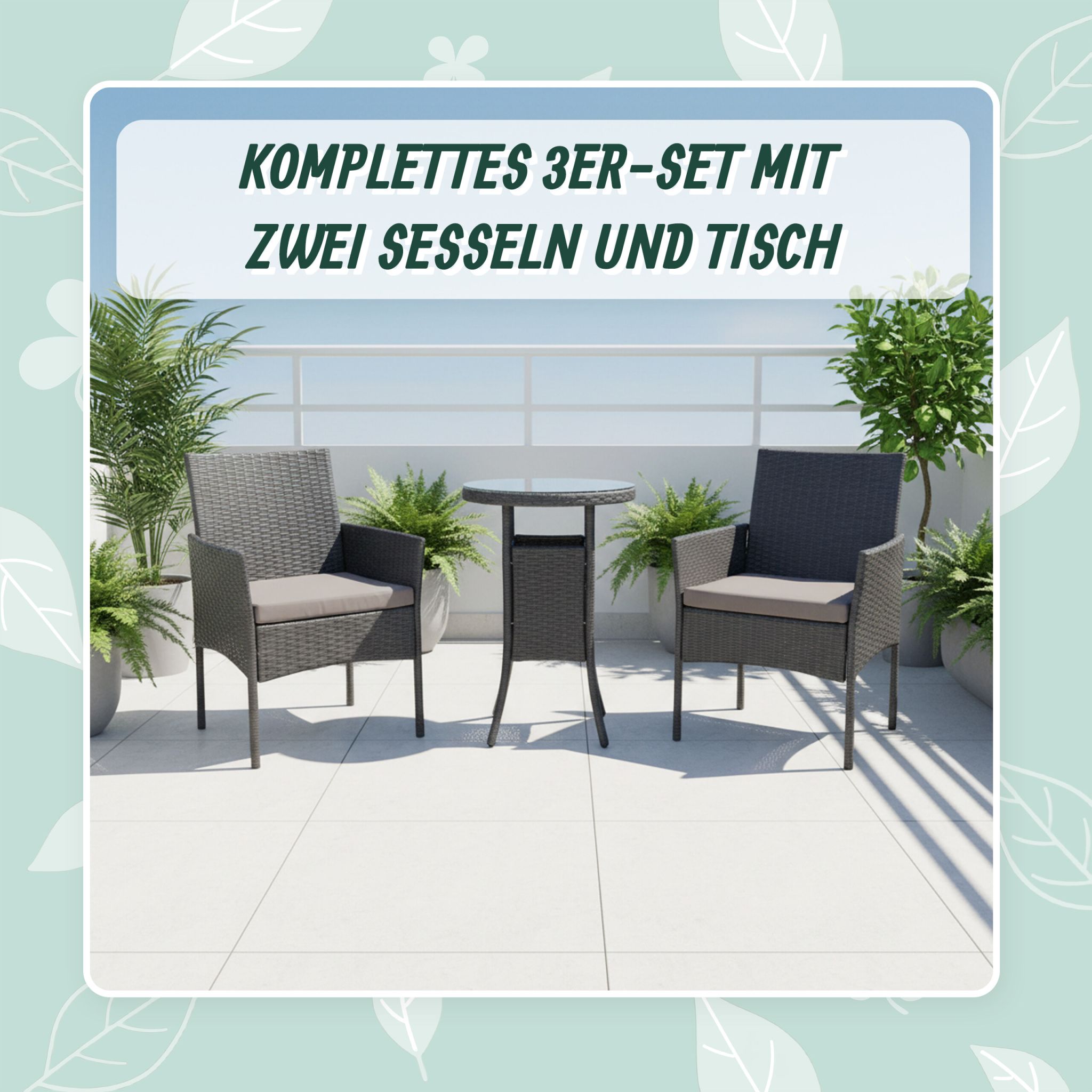 Gartenmöbel 3er-Set Rattan Schwarz-Grau von Relaxdays