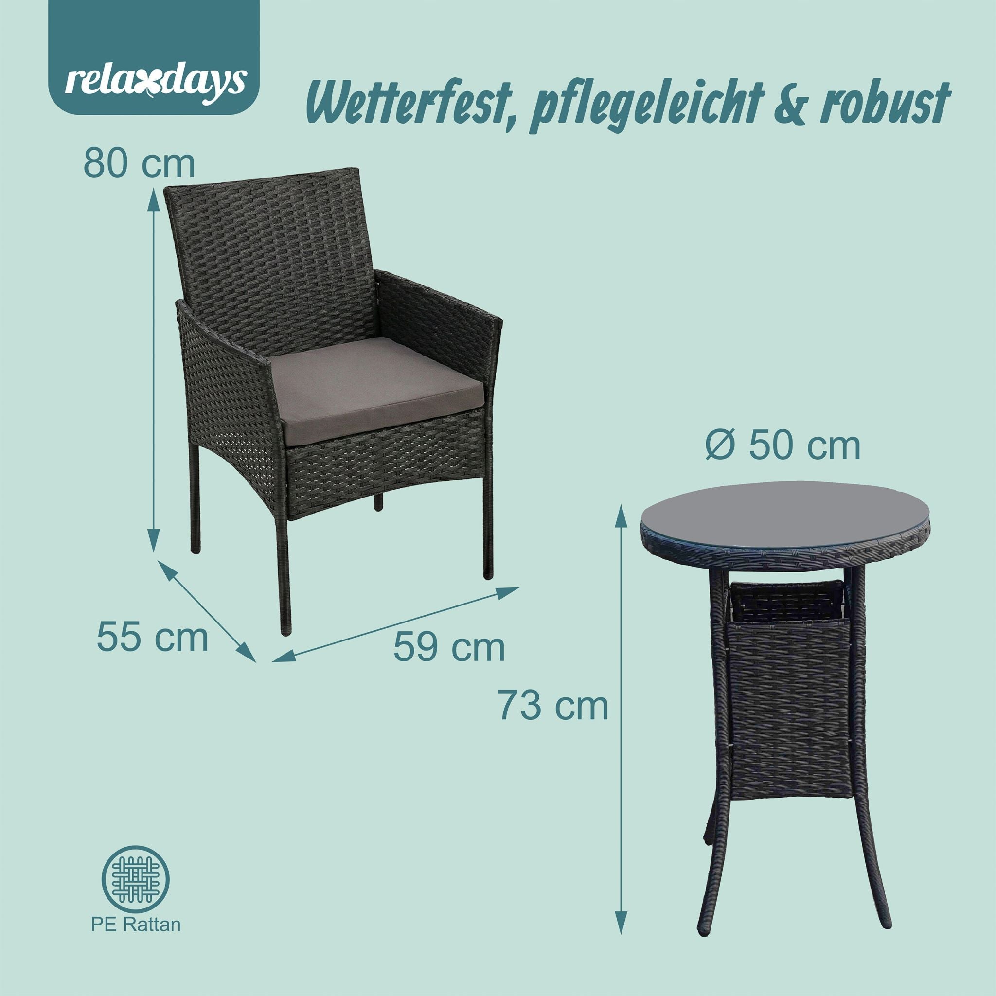 Gartenmöbel 3er-Set Rattan Schwarz-Grau von Relaxdays