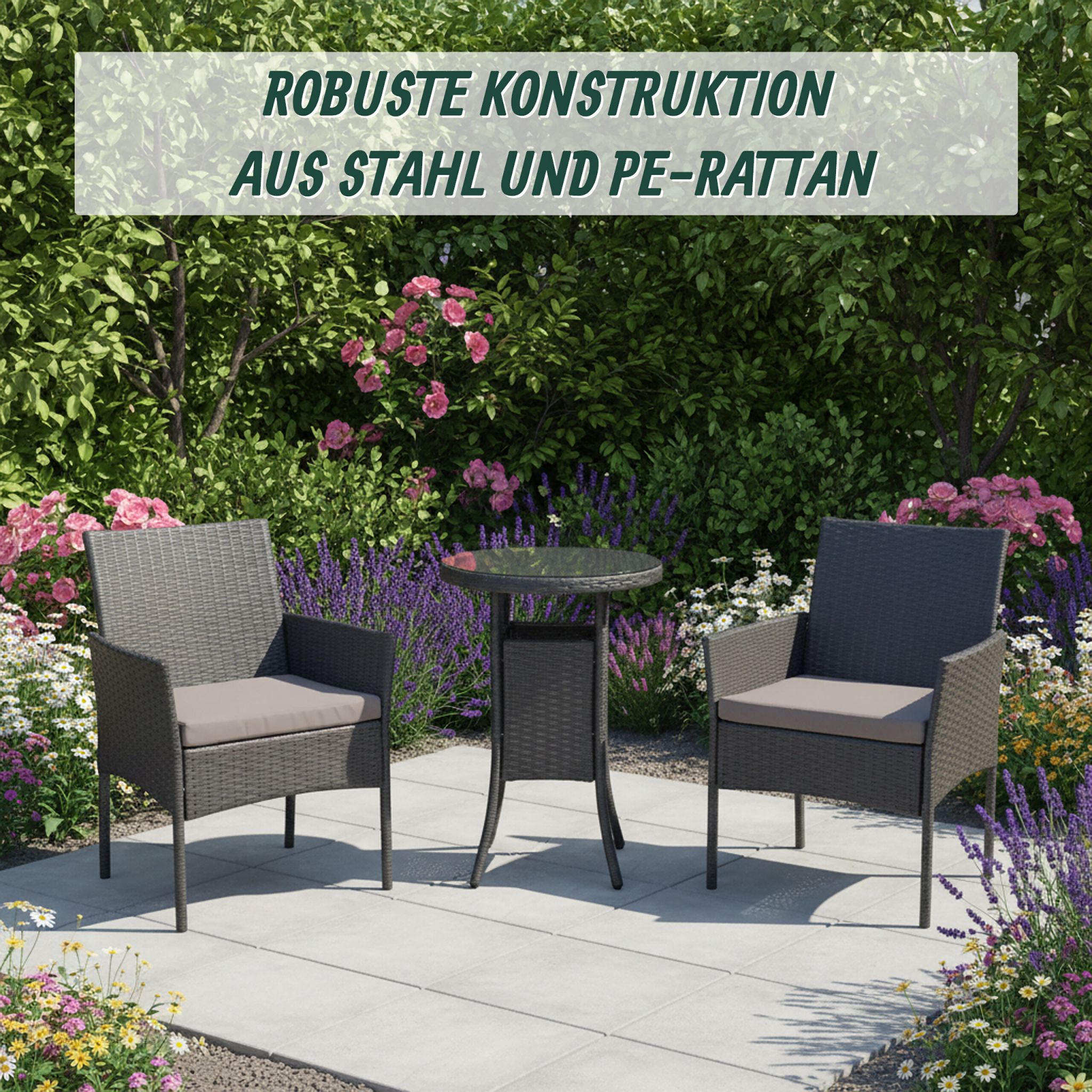 Gartenmöbel 3er-Set Rattan Schwarz-Grau von Relaxdays