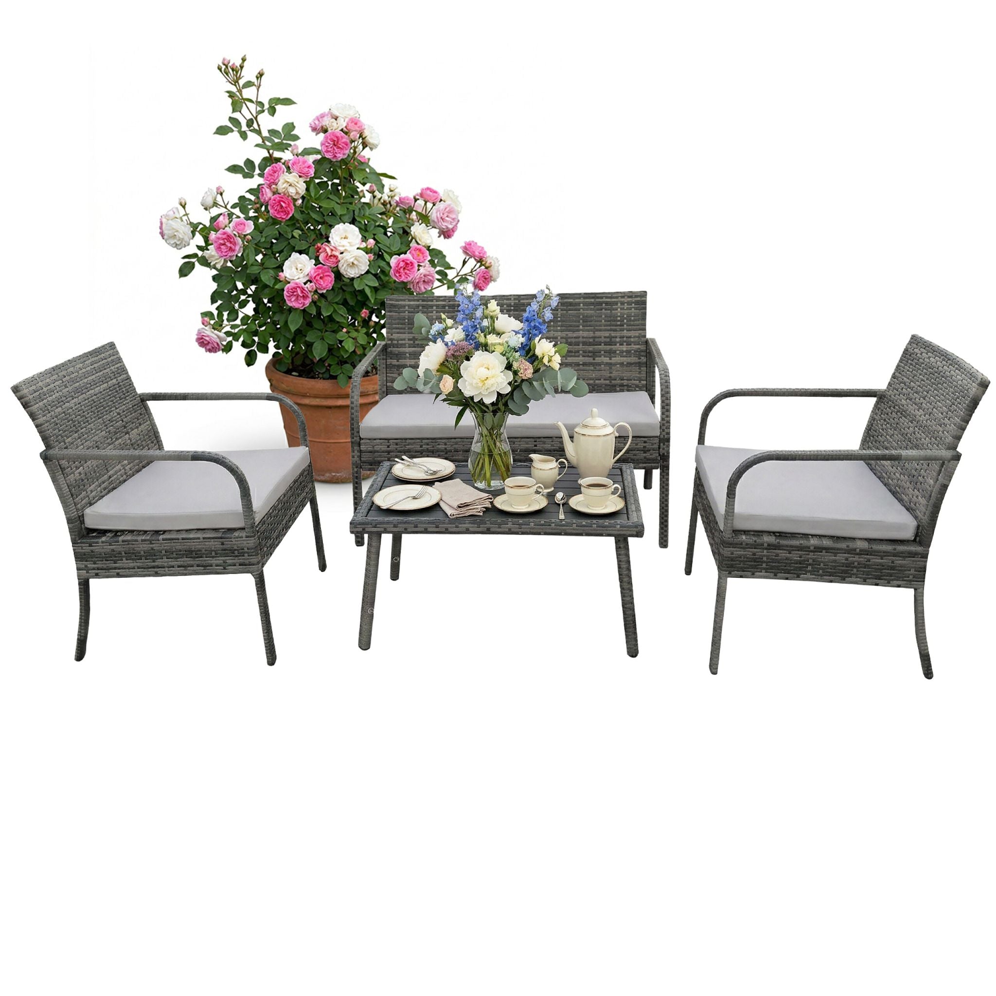 Gartenmöbel 4er-Set Rattan Creme-Grau von Relaxdays