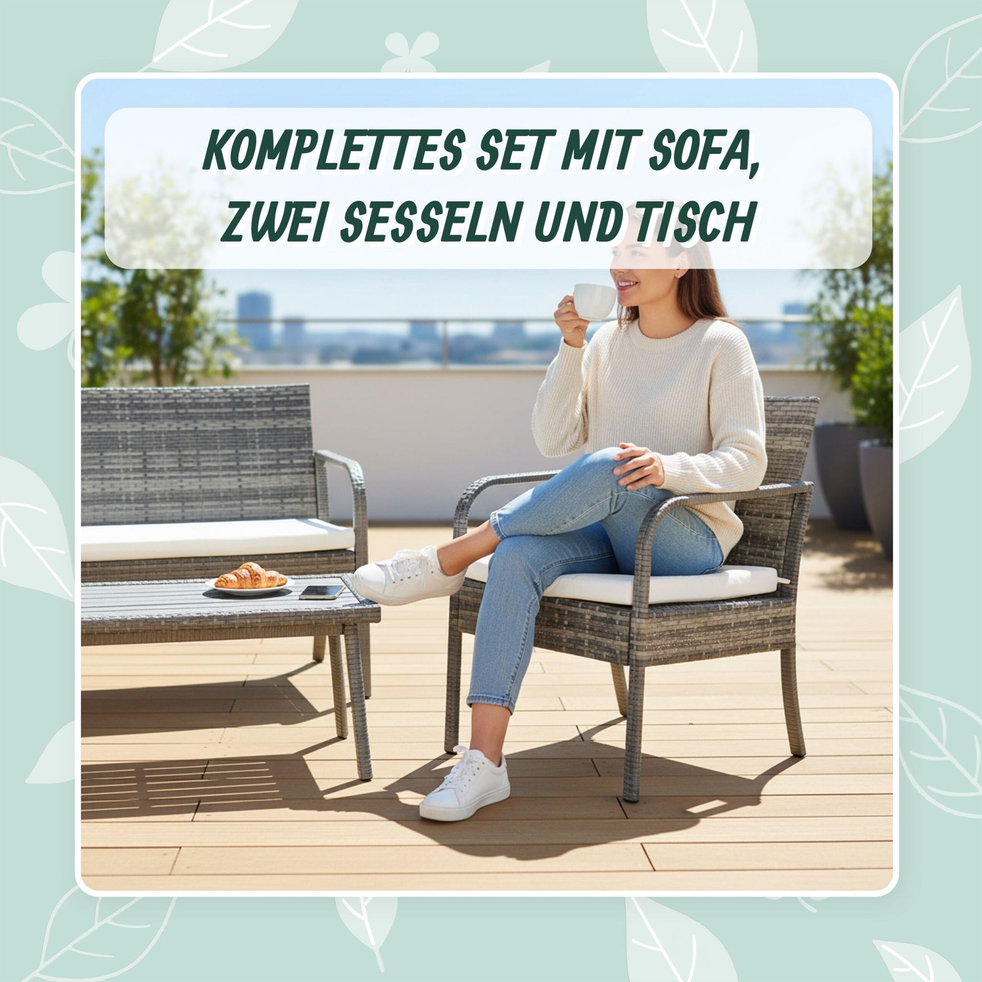 Gartenmöbel 4er-Set Rattan Creme-Grau von Relaxdays