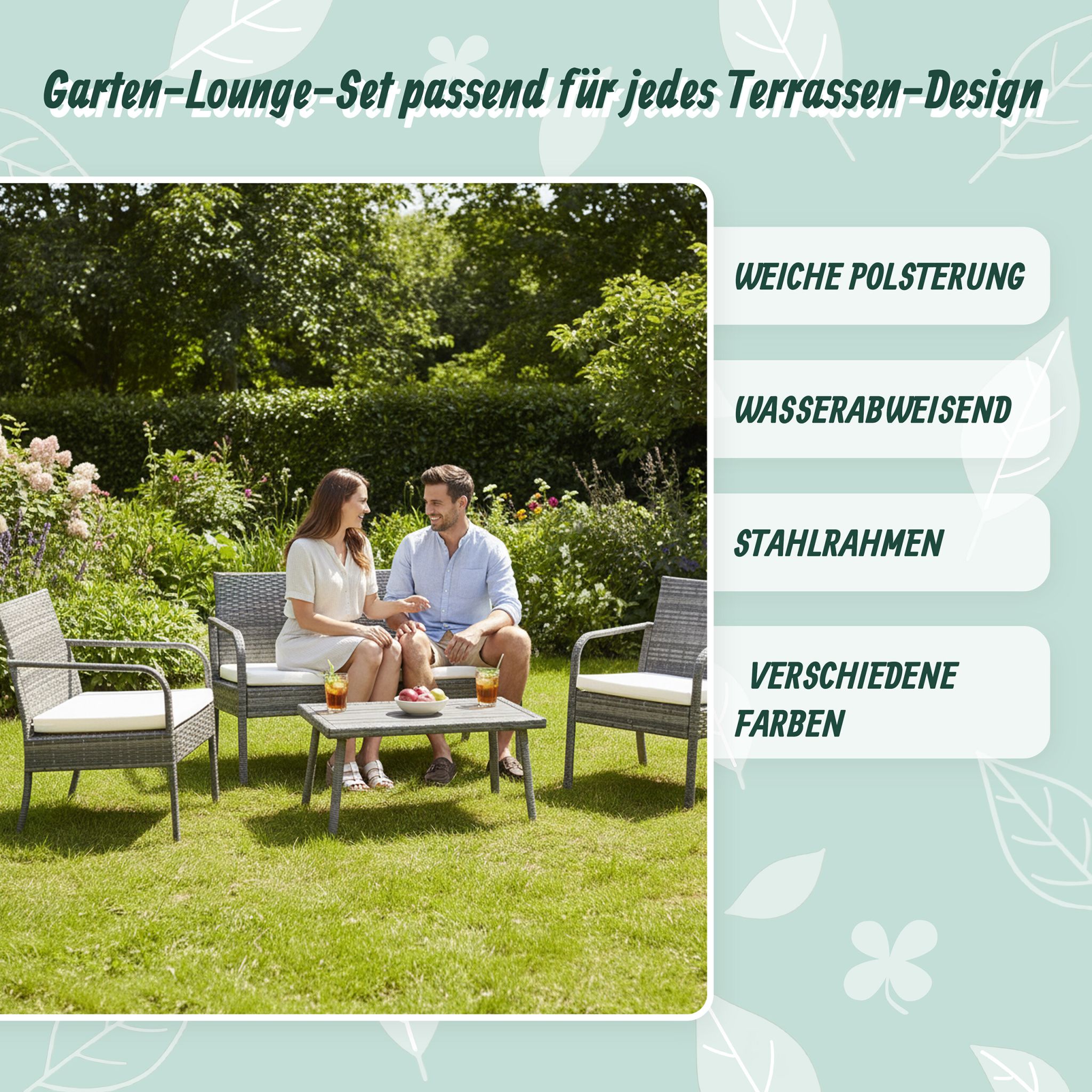 Gartenmöbel 4er-Set Rattan Creme-Grau von Relaxdays