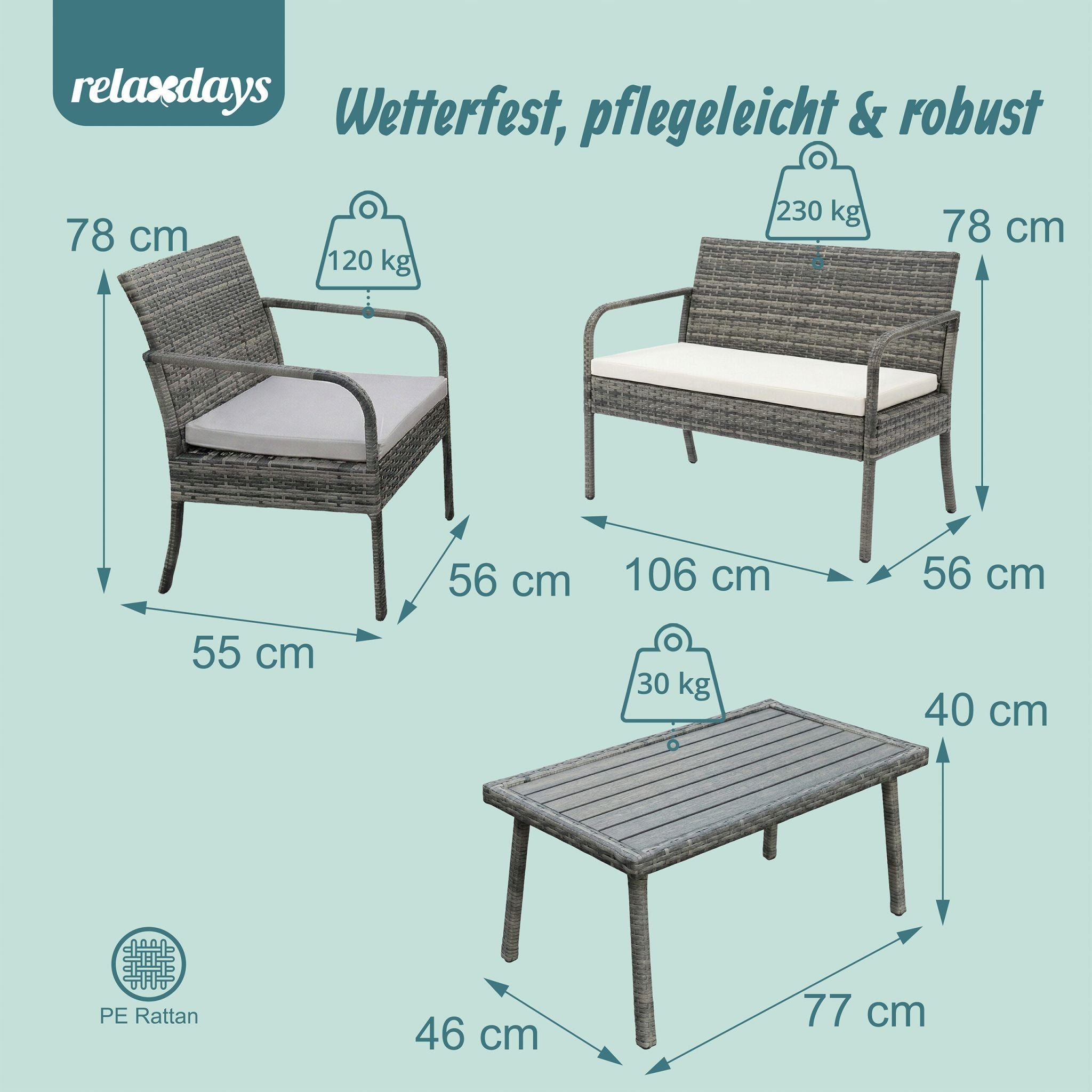 Gartenmöbel 4er-Set Rattan Creme-Grau von Relaxdays