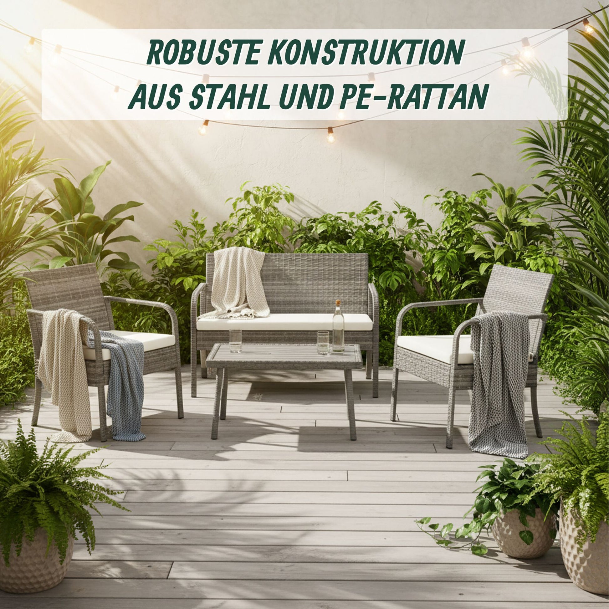 Gartenmöbel 4er-Set Rattan Creme-Grau von Relaxdays