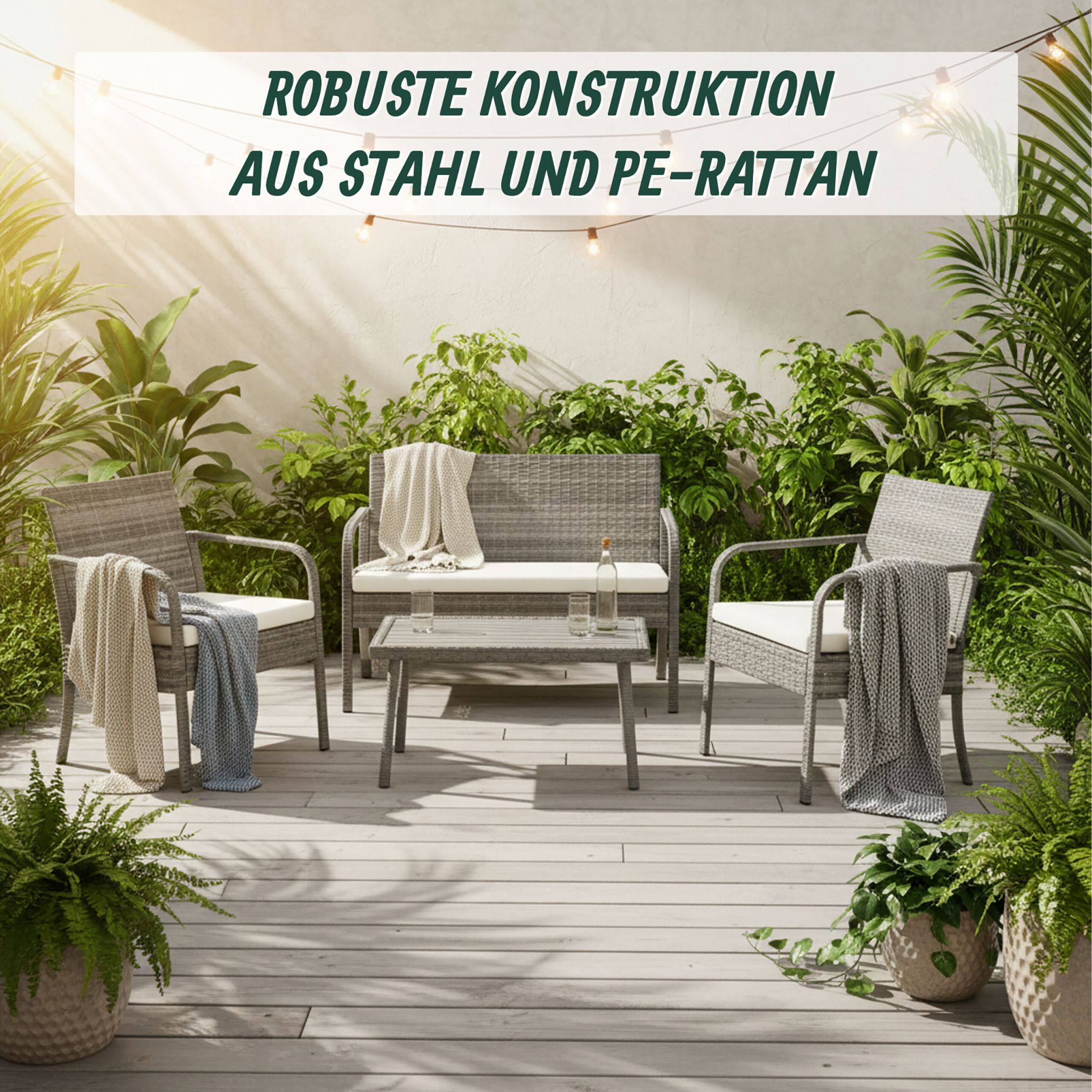 Gartenmöbel 4er-Set Rattan Creme-Grau von Relaxdays