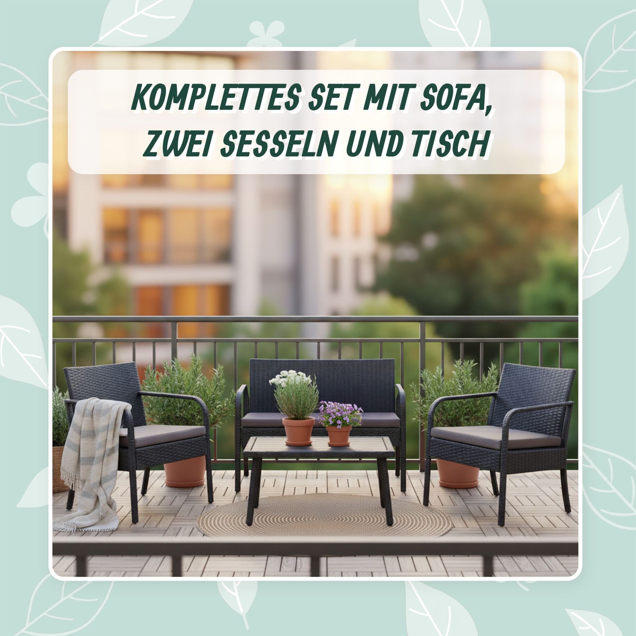 Gartenmöbel 4er-Set Rattan Schwarz-Grau