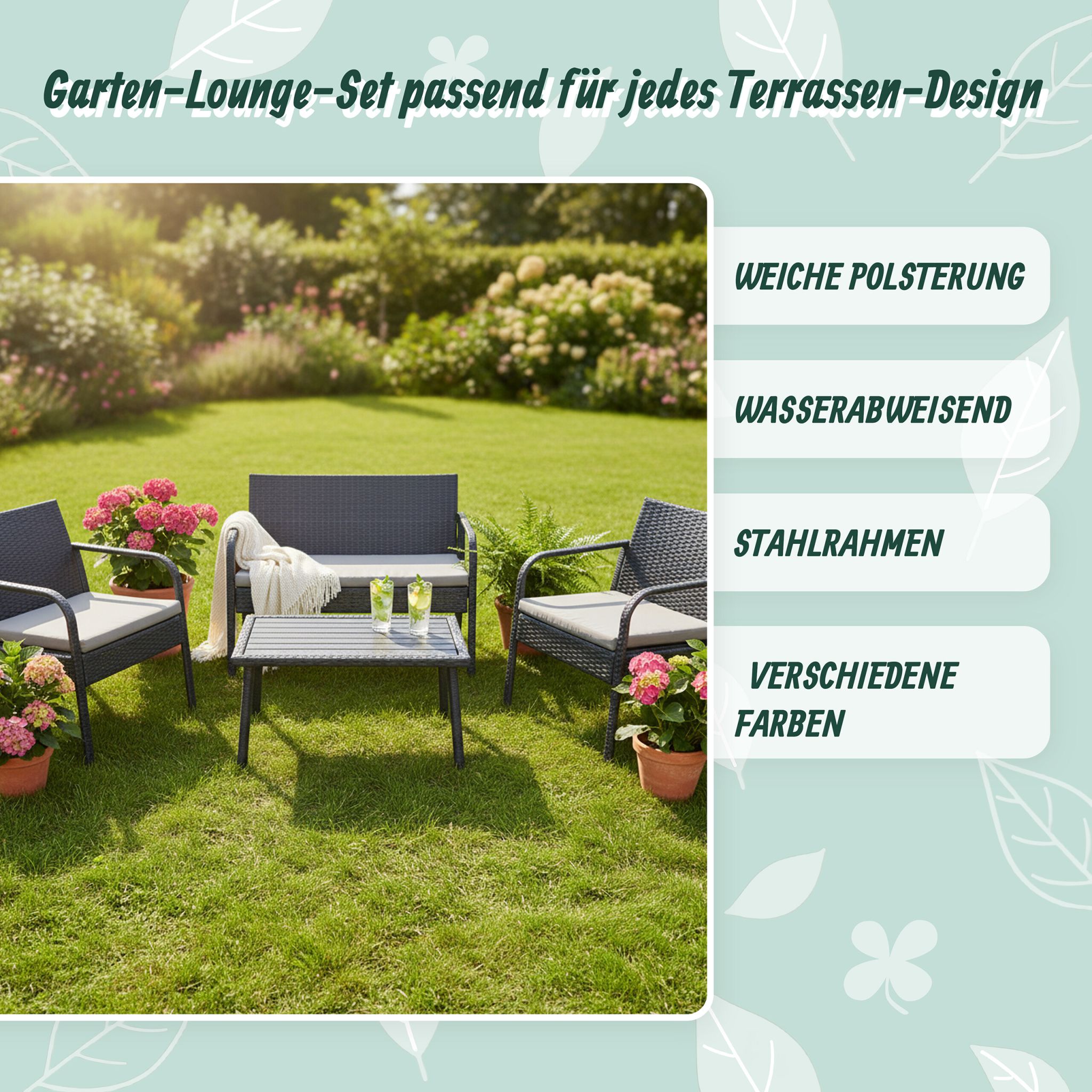 Gartenmöbel 4er-Set Rattan Schwarz-Grau