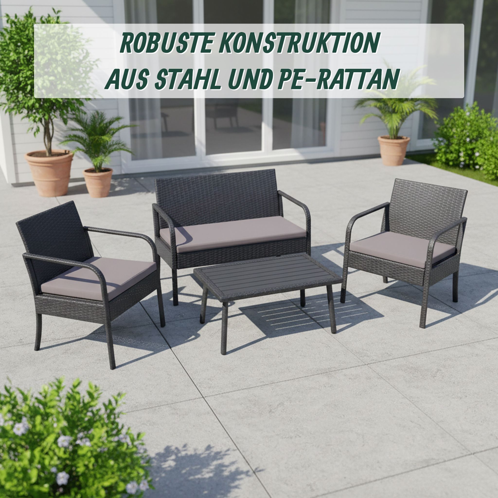 Gartenmöbel 4er-Set Rattan Schwarz-Grau