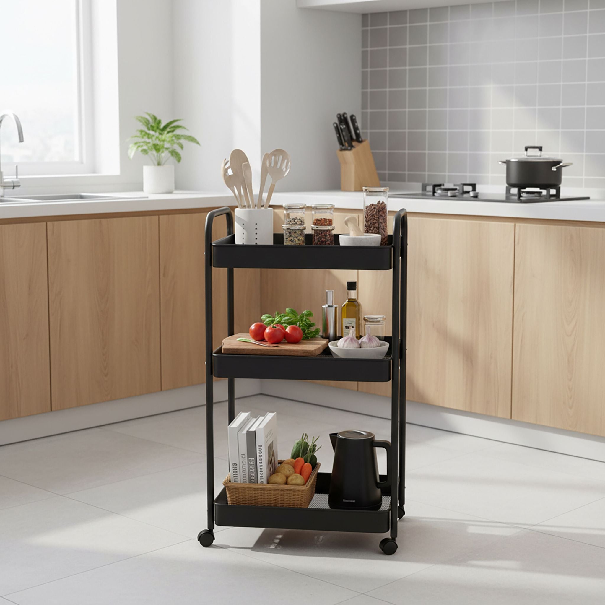 Rollwagen Mesh mit 3 Ebenen Schwarz von Relaxdays