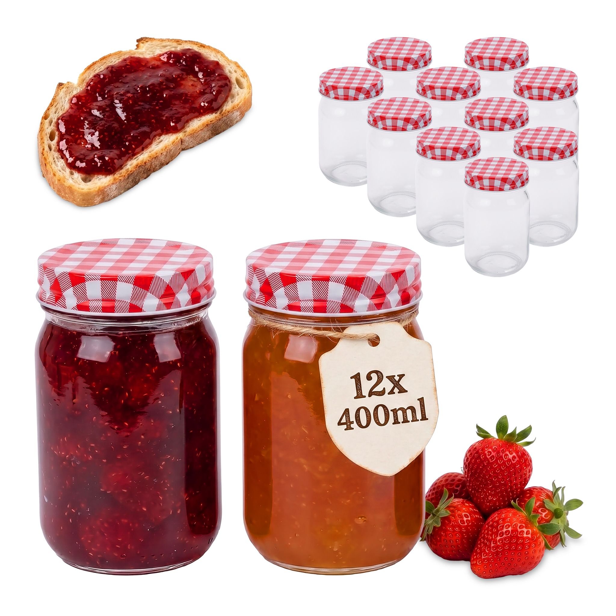 Einmachgläser-Set 400ml Twist Off Weiss-Rot-Transparent von Relaxdays