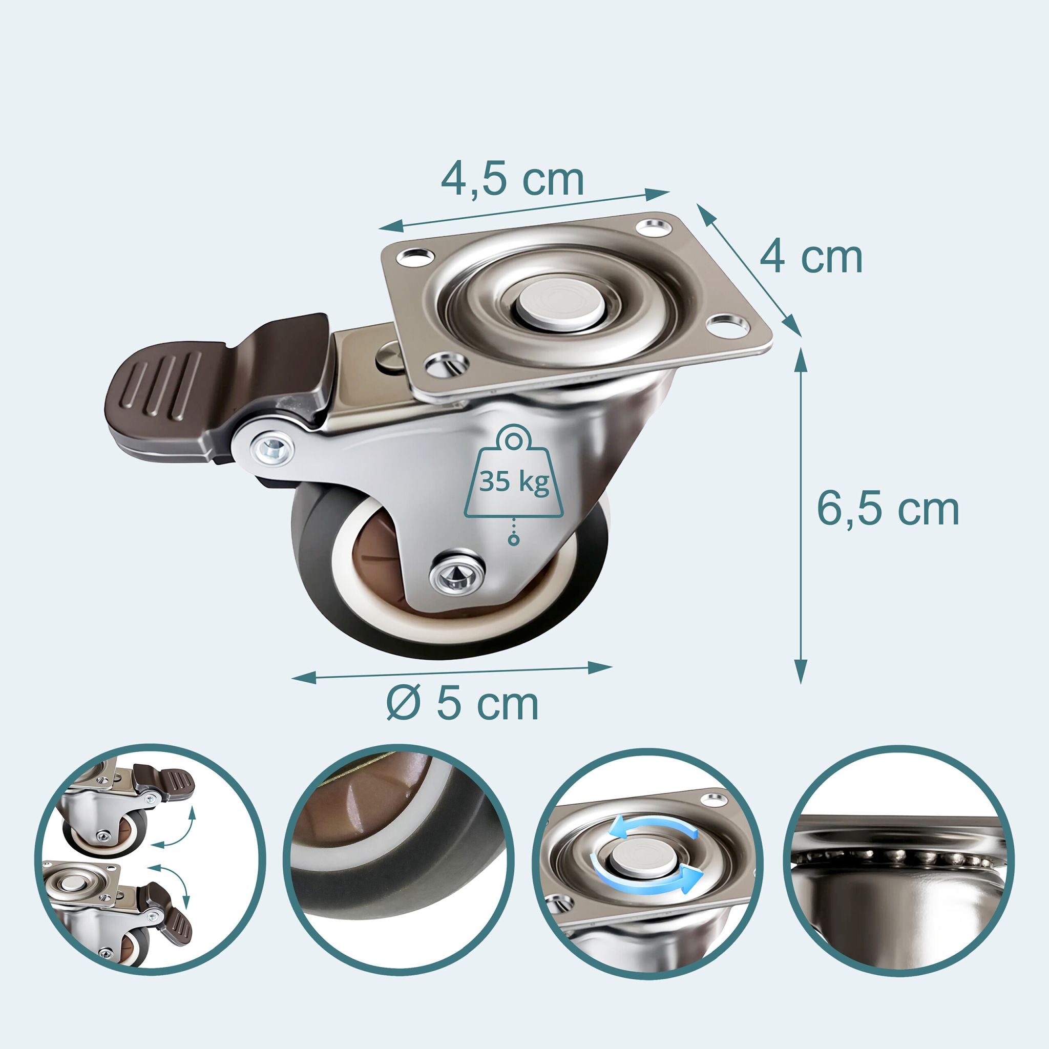 Lenkrollen mit Bremse 4er-Set Braun-Schwarz-Silber von Relaxdays