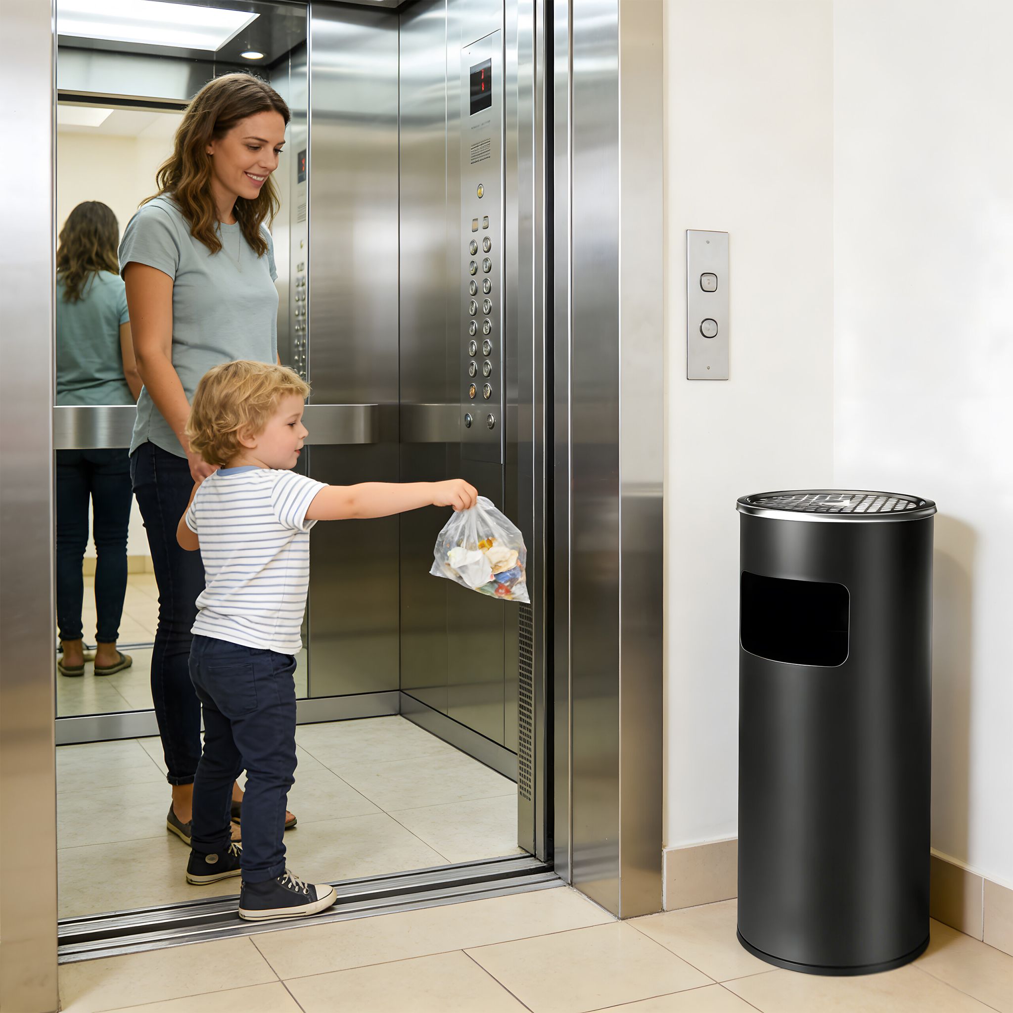 Standaschenbecher mit Inneneimer 30L Schwarz-Silber von Relaxdays