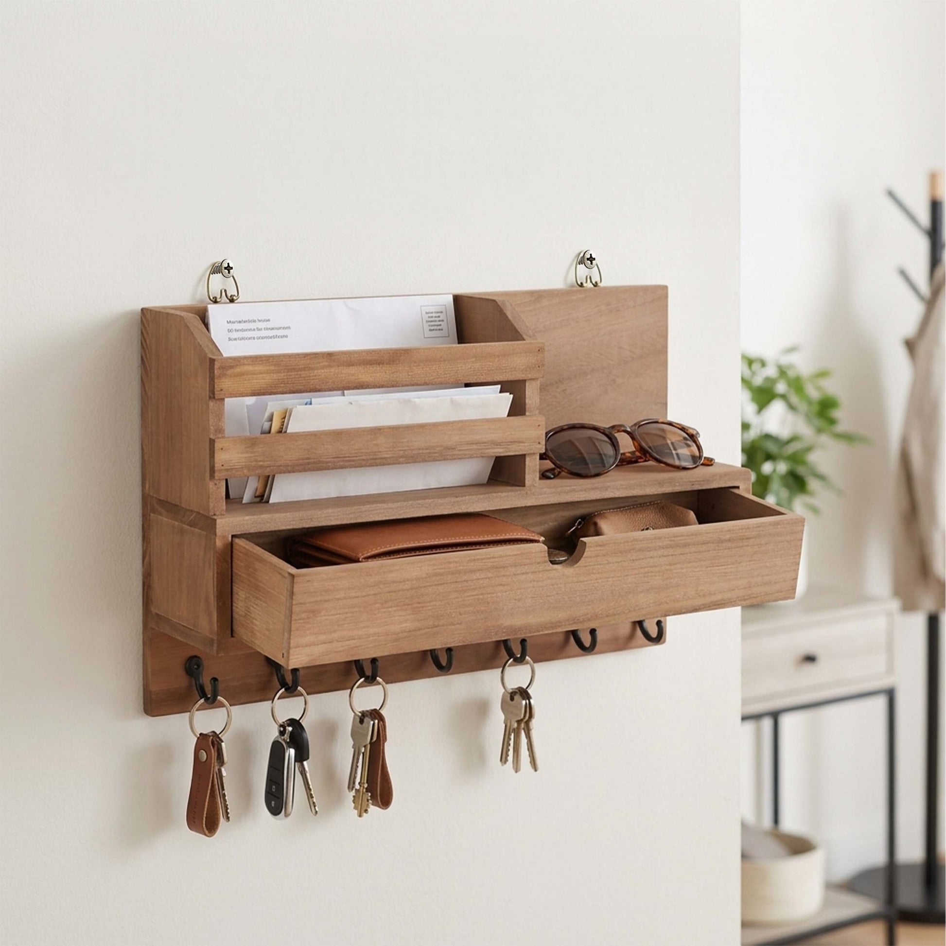 Schlüsselbrett Holz Haken & Schublade Dunkelbraun-Schwarz von Relaxdays
