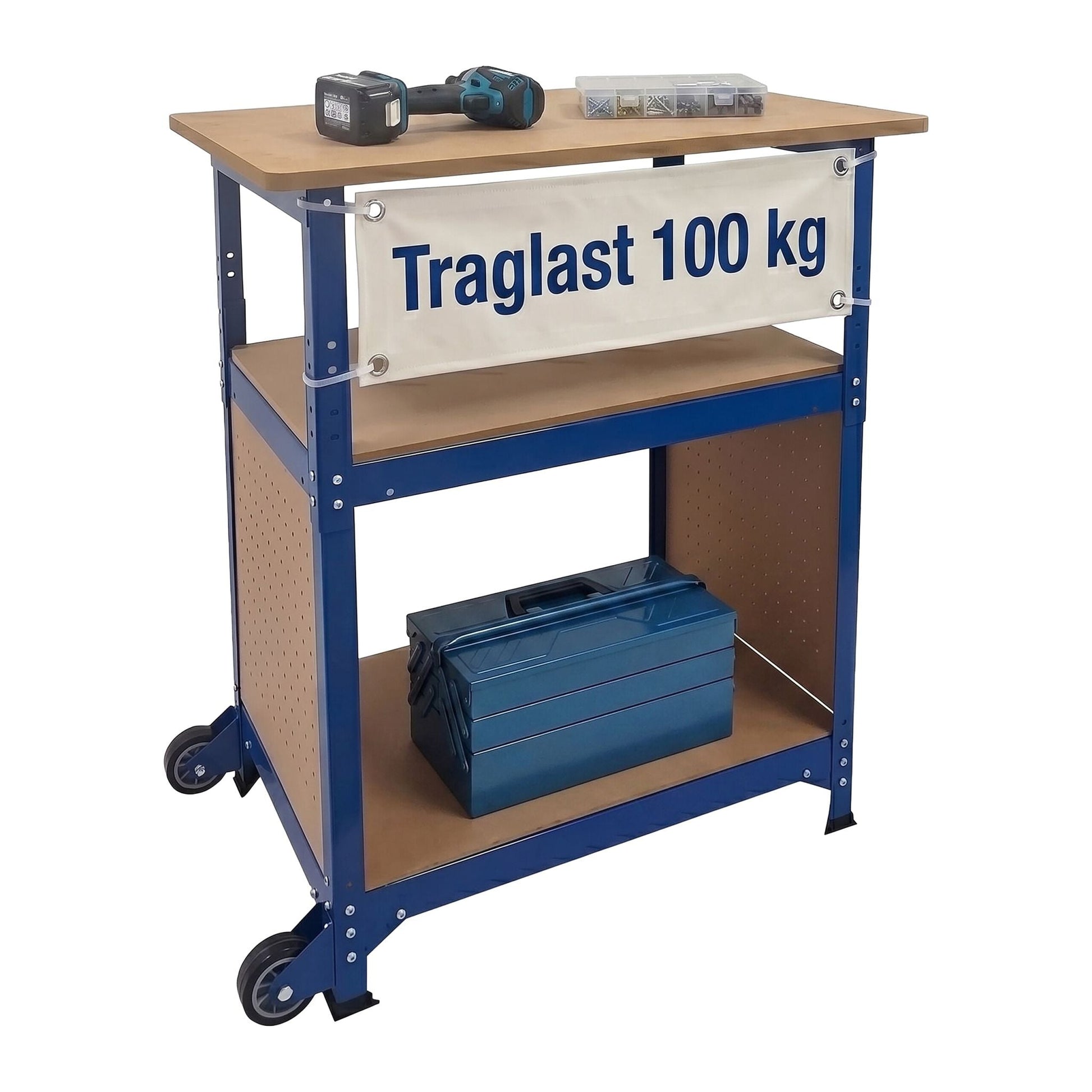 Werkbank mit Rollen & Lochwand Blau-Hellbraun von Relaxdays