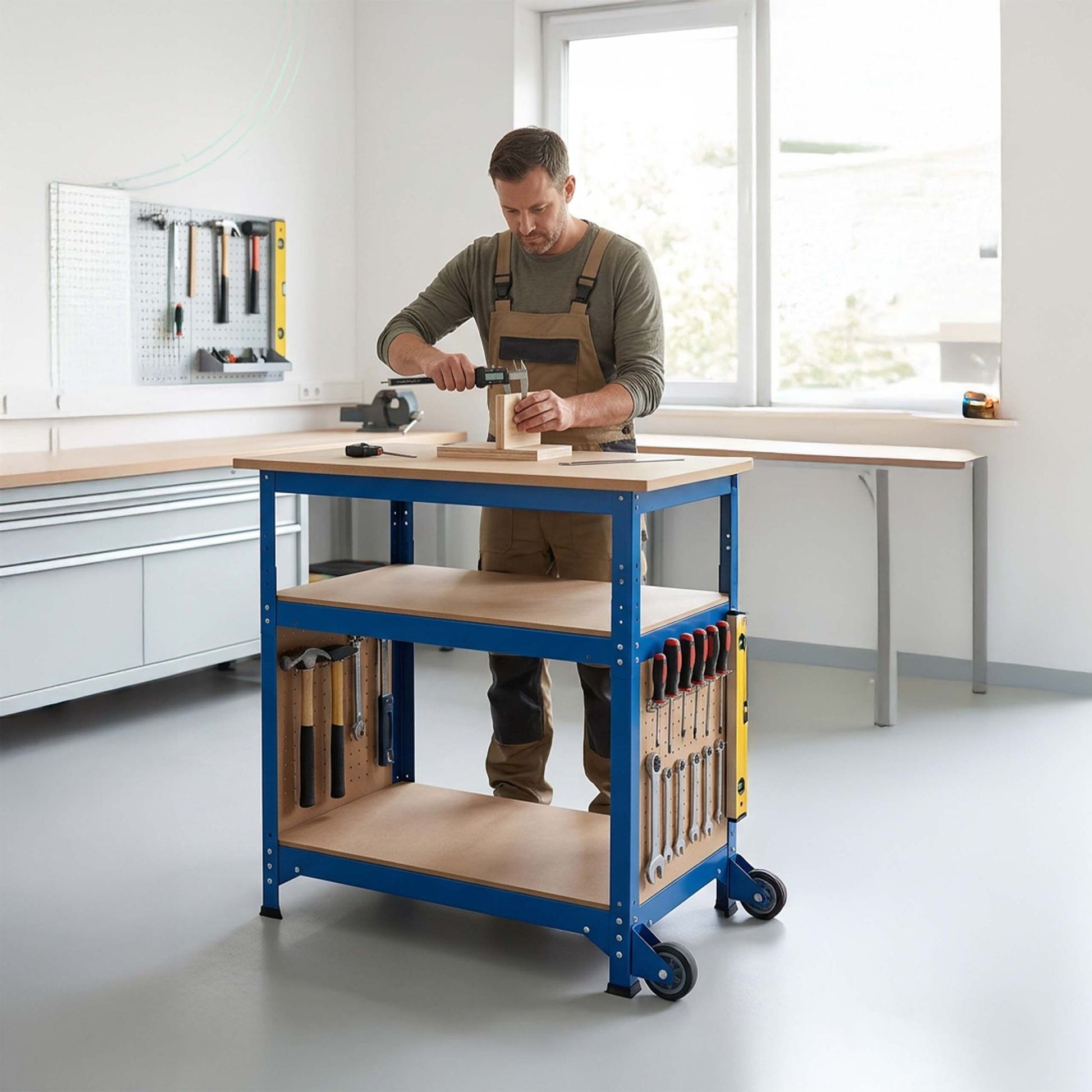 Werkbank mit Rollen & Lochwand Blau-Hellbraun von Relaxdays