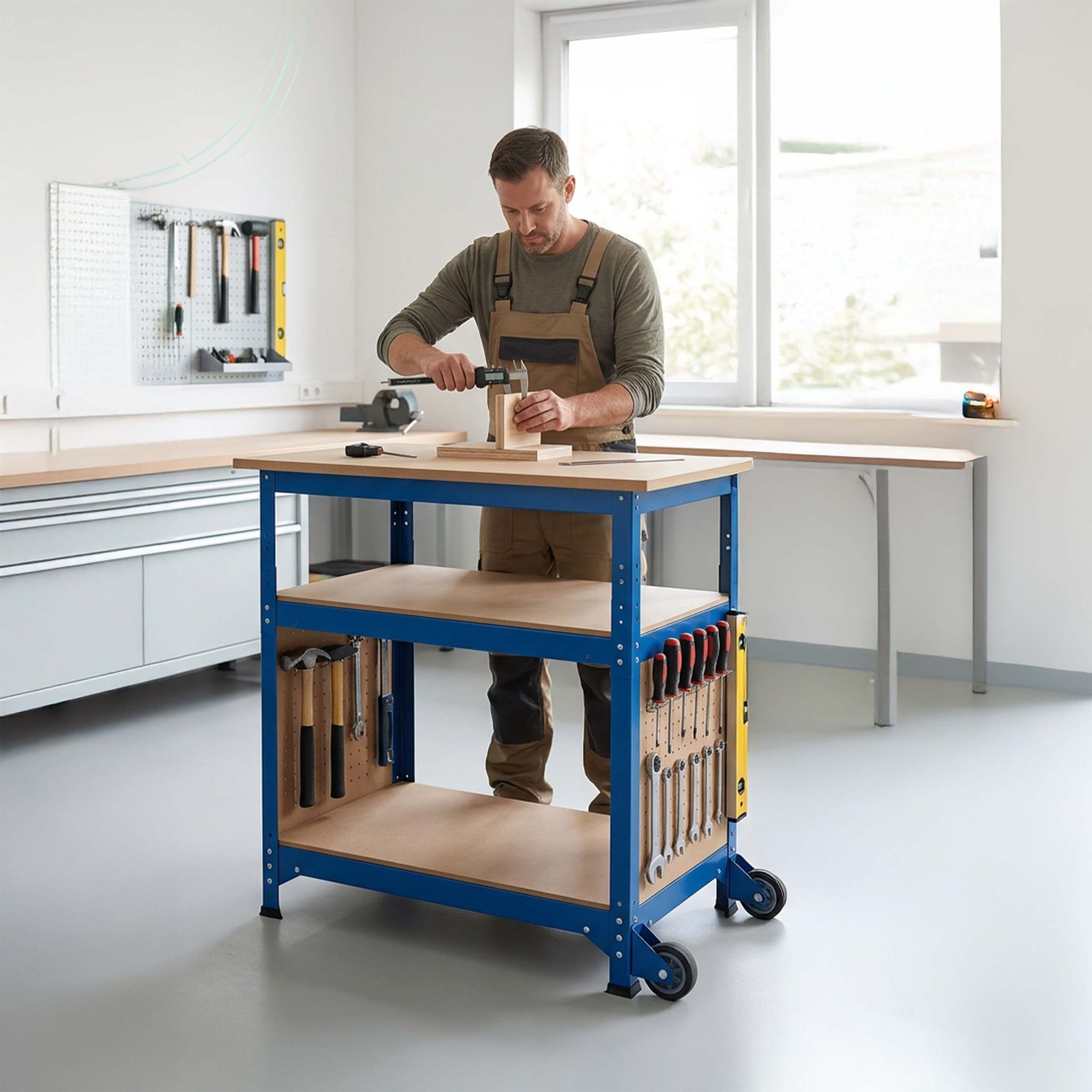 Werkbank mit Rollen & Lochwand Blau-Hellbraun von Relaxdays