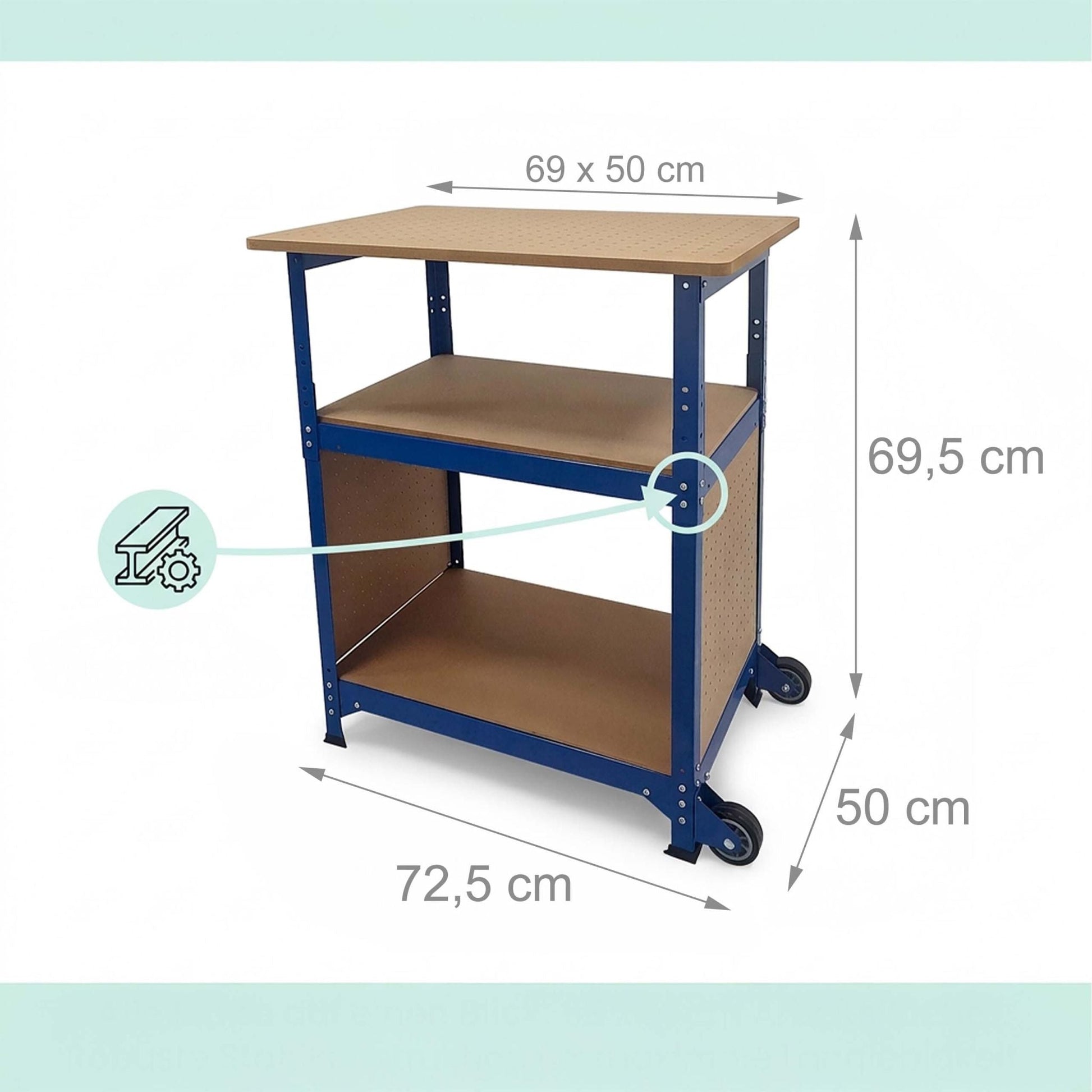 Werkbank mit Rollen & Lochwand Blau-Hellbraun von Relaxdays