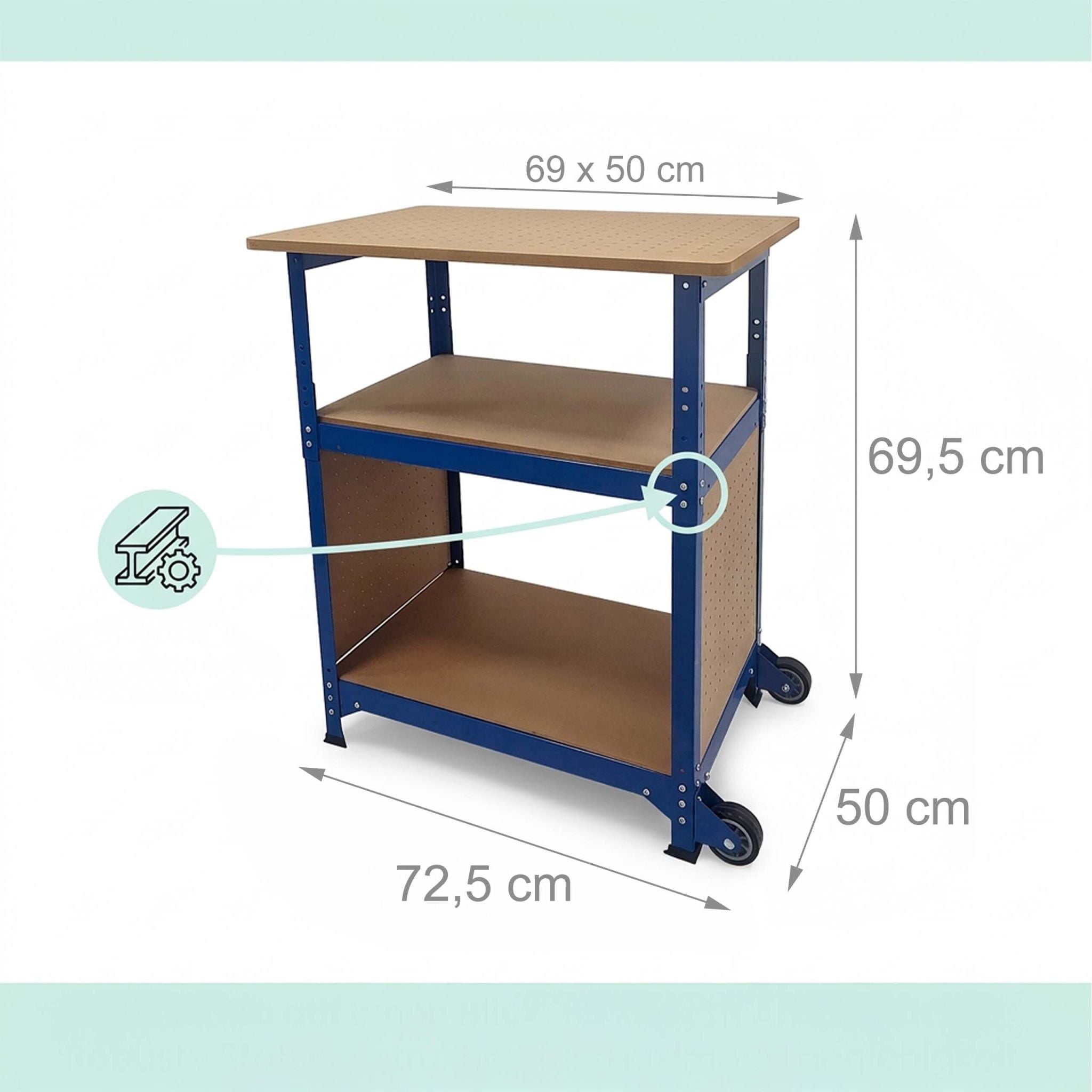 Werkbank mit Rollen & Lochwand Blau-Hellbraun von Relaxdays