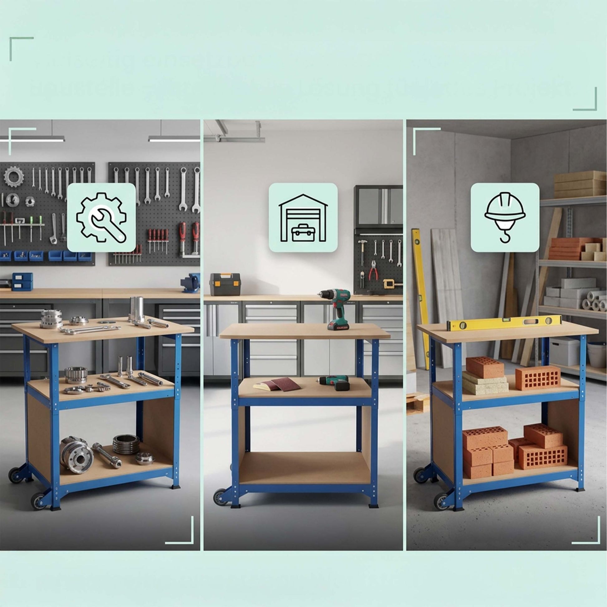 Werkbank mit Rollen & Lochwand Blau-Hellbraun von Relaxdays