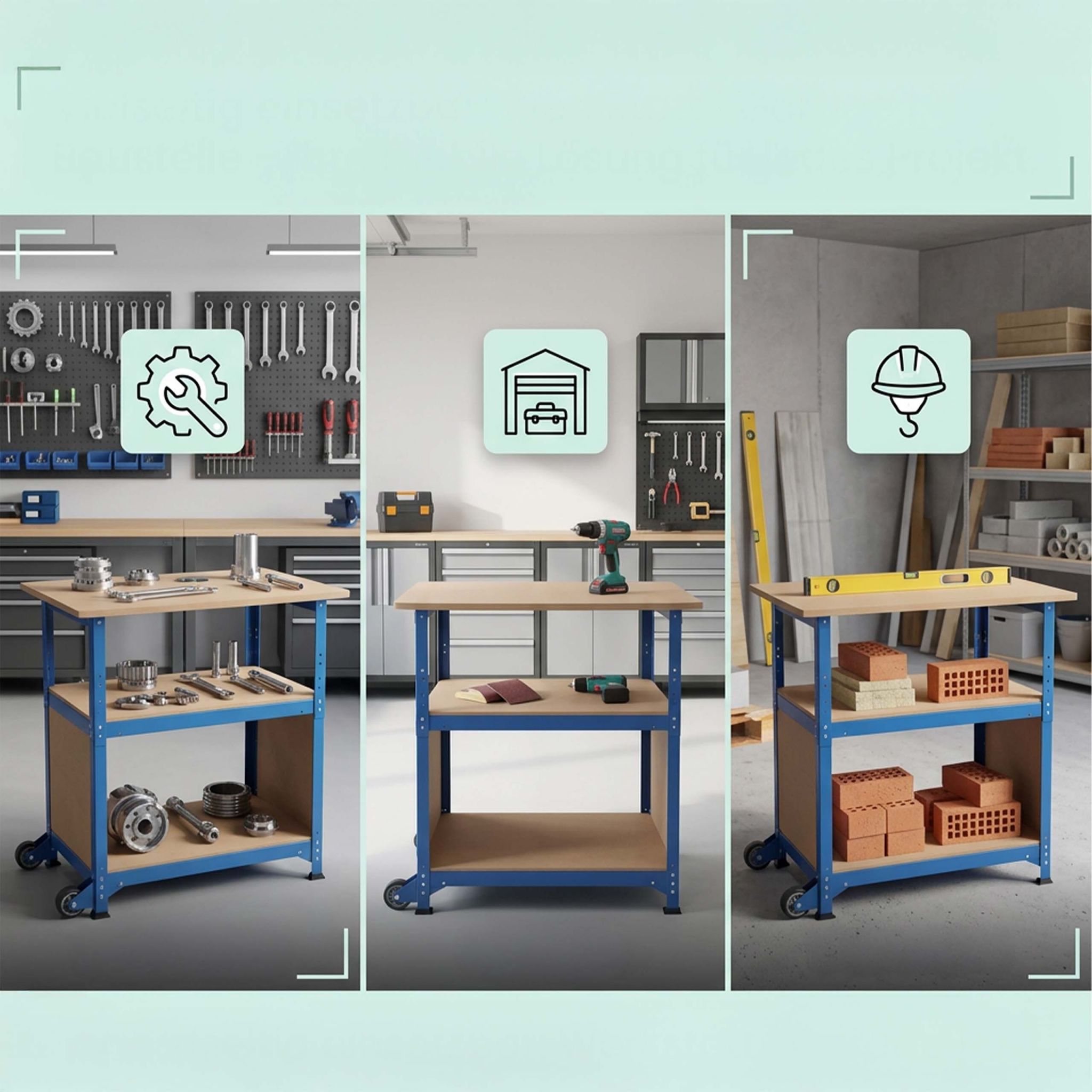 Werkbank mit Rollen & Lochwand Blau-Hellbraun von Relaxdays