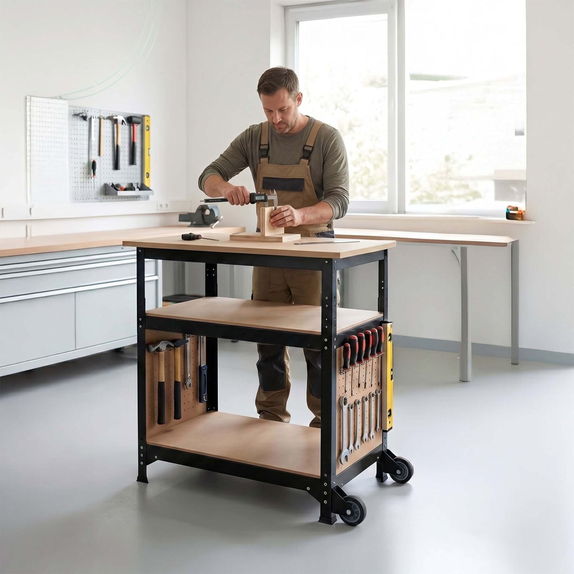 Werkbank mit Rollen & Lochwand Hellbraun-Schwarz von Relaxdays