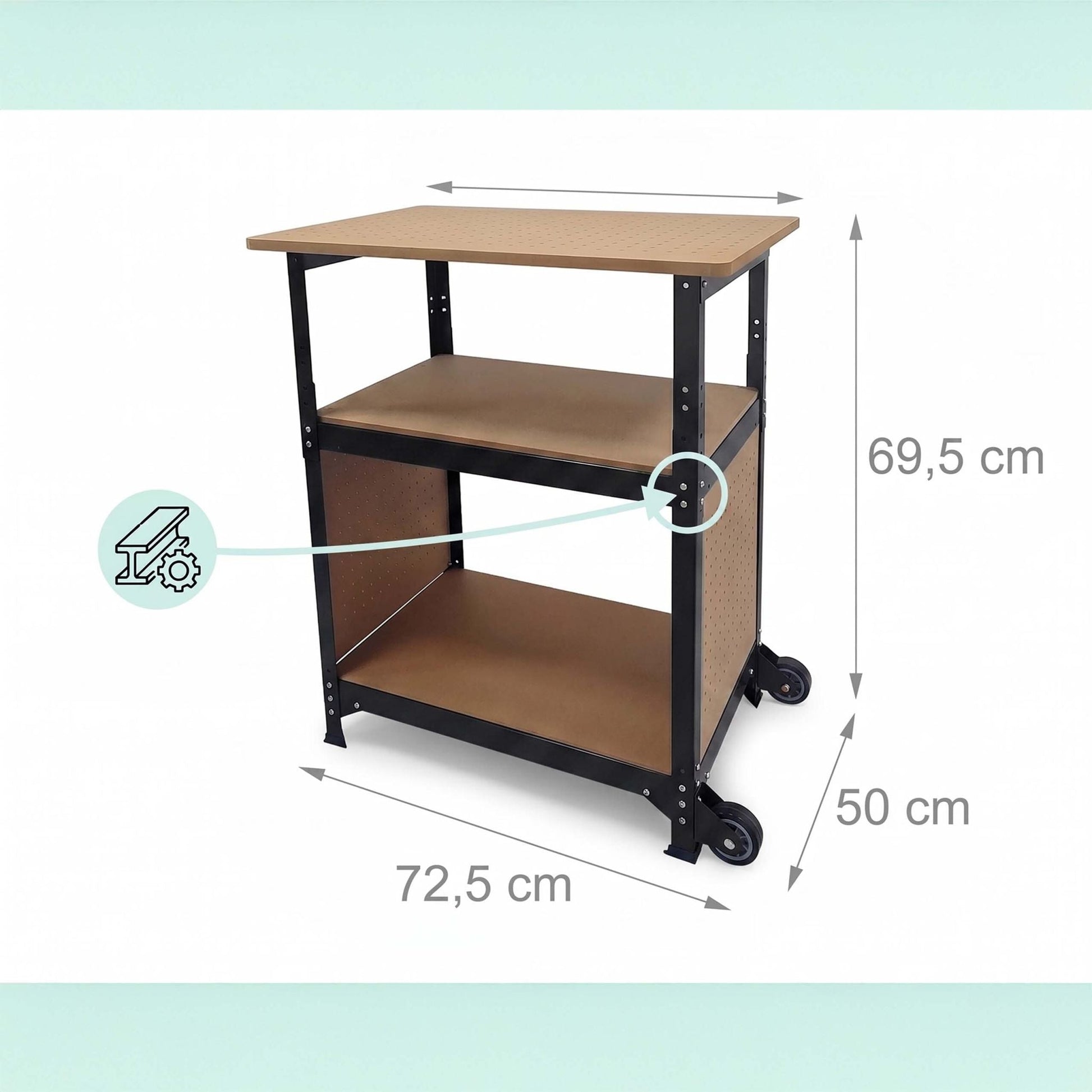 Werkbank mit Rollen & Lochwand Hellbraun-Schwarz von Relaxdays
