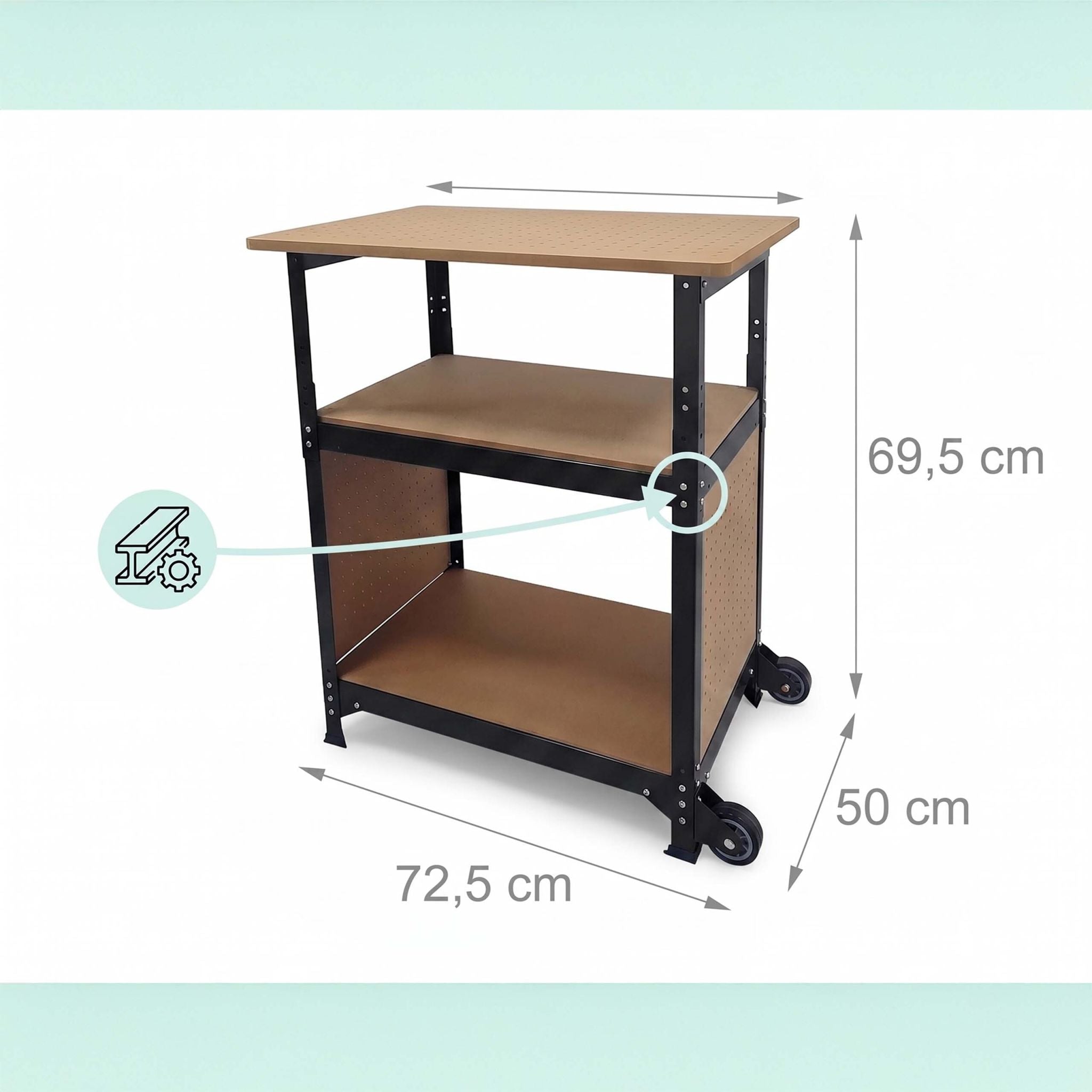 Werkbank mit Rollen & Lochwand Hellbraun-Schwarz von Relaxdays