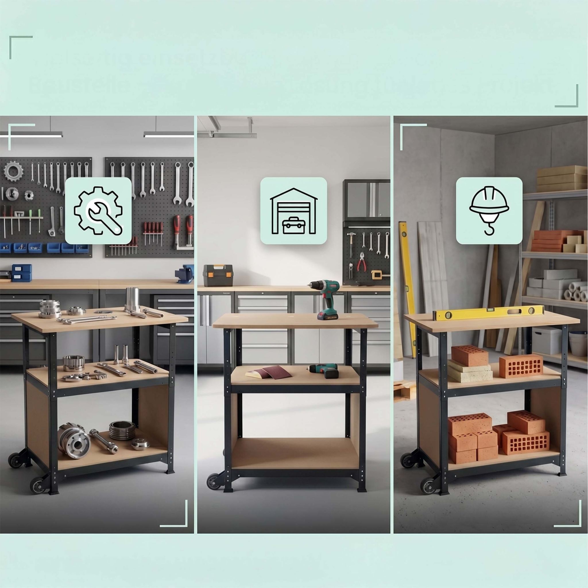 Werkbank mit Rollen & Lochwand Hellbraun-Schwarz von Relaxdays