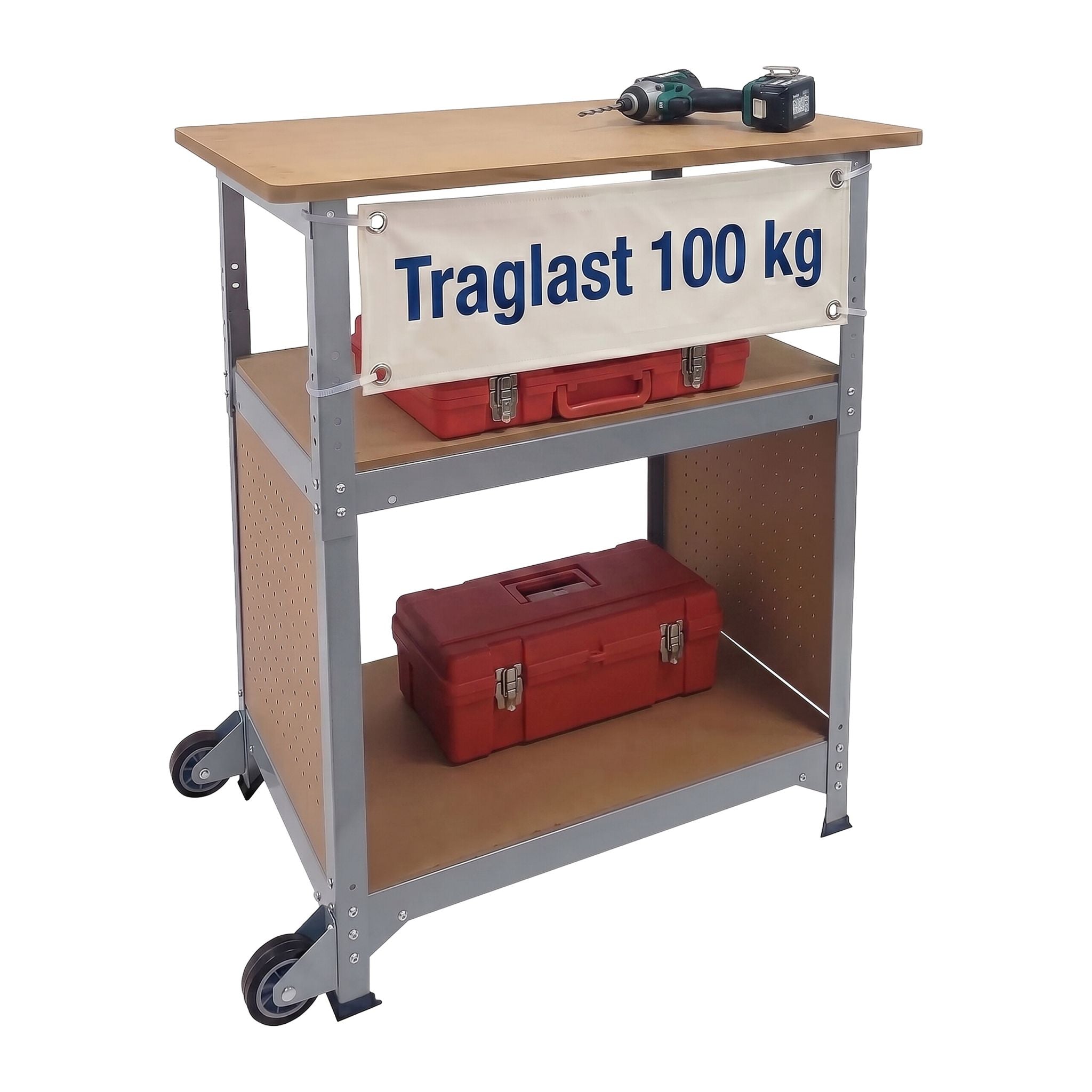 Werkbank mit Rollen & Lochwand Hellbraun-Silber von Relaxdays
