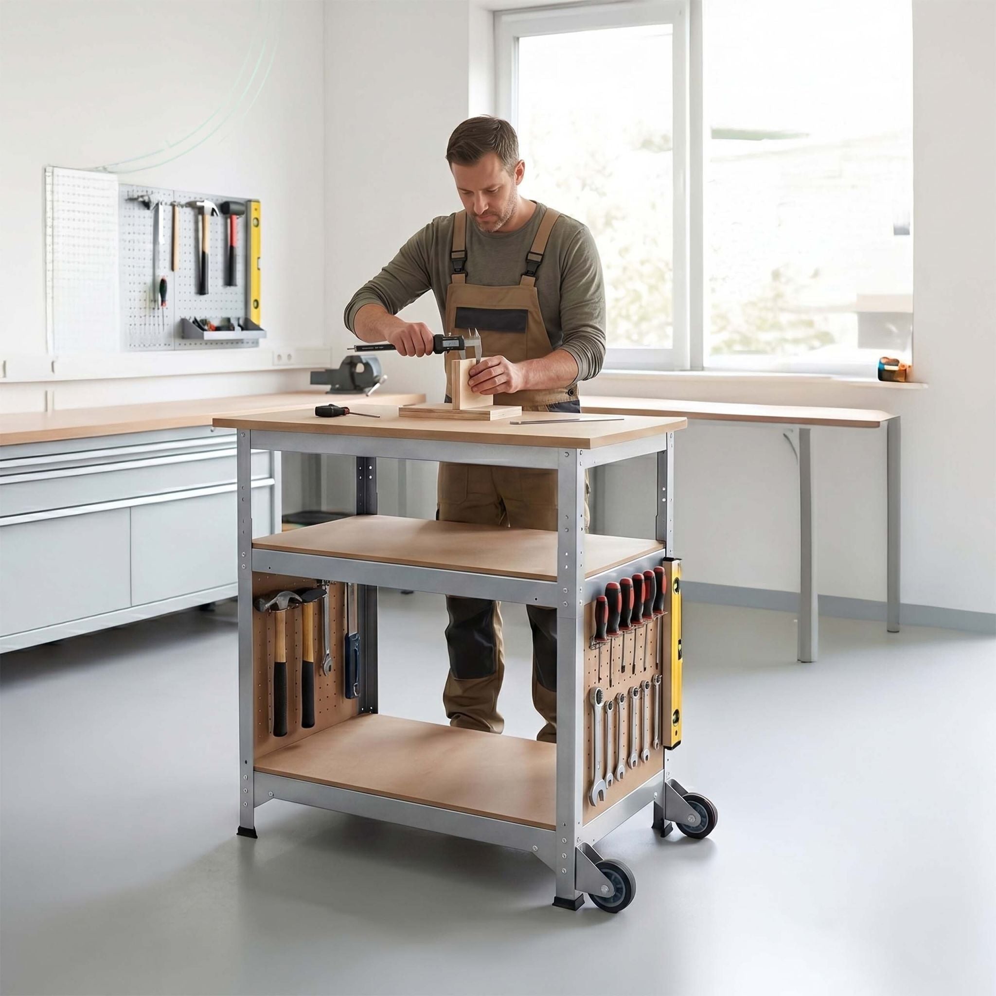 Werkbank mit Rollen & Lochwand Hellbraun-Silber von Relaxdays
