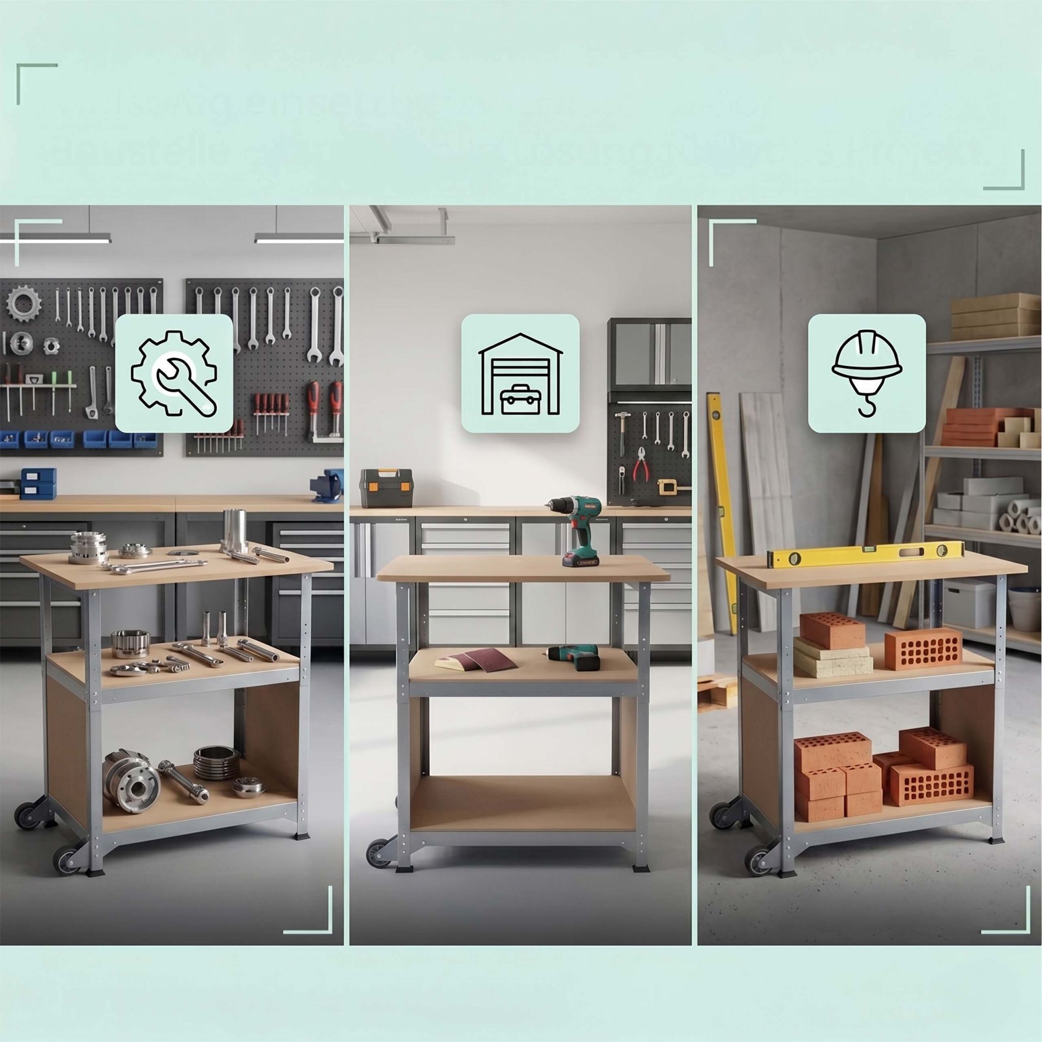 Werkbank mit Rollen & Lochwand Hellbraun-Silber von Relaxdays