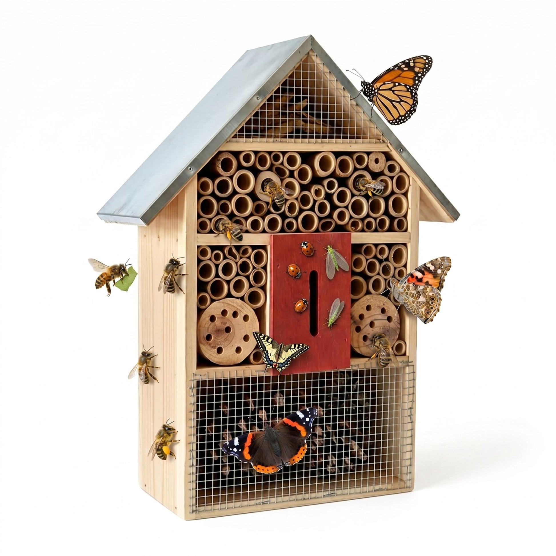 Insektenhotel mit Metalldach Hellbraun-Rot-Silber von Relaxdays