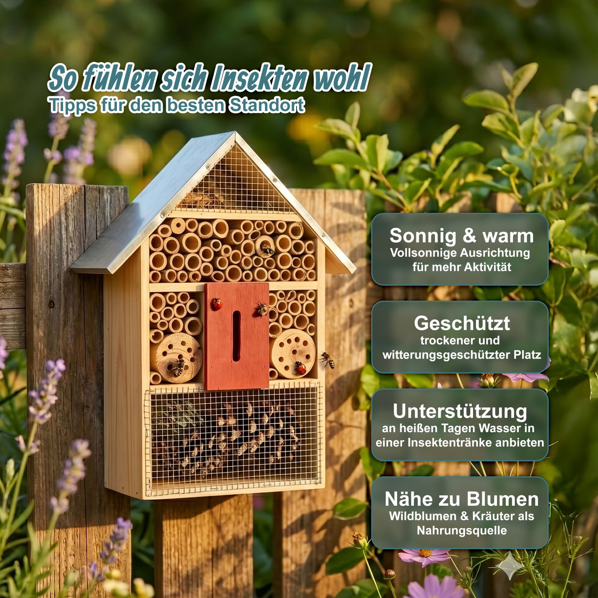Insektenhotel mit Metalldach Hellbraun-Rot-Silber von Relaxdays