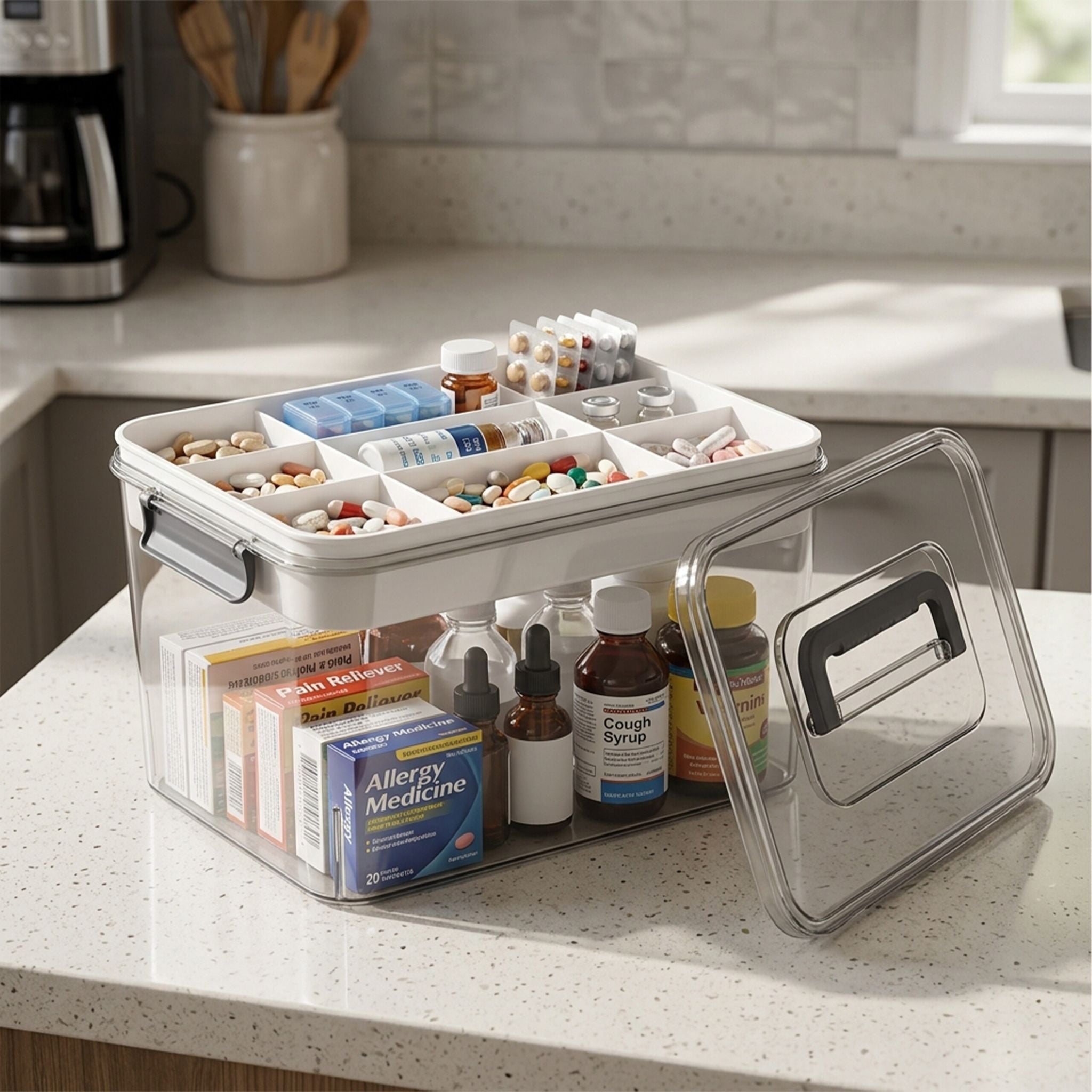 Medizinbox Kunststoff Beige-Transparent-Grau von Relaxdays
