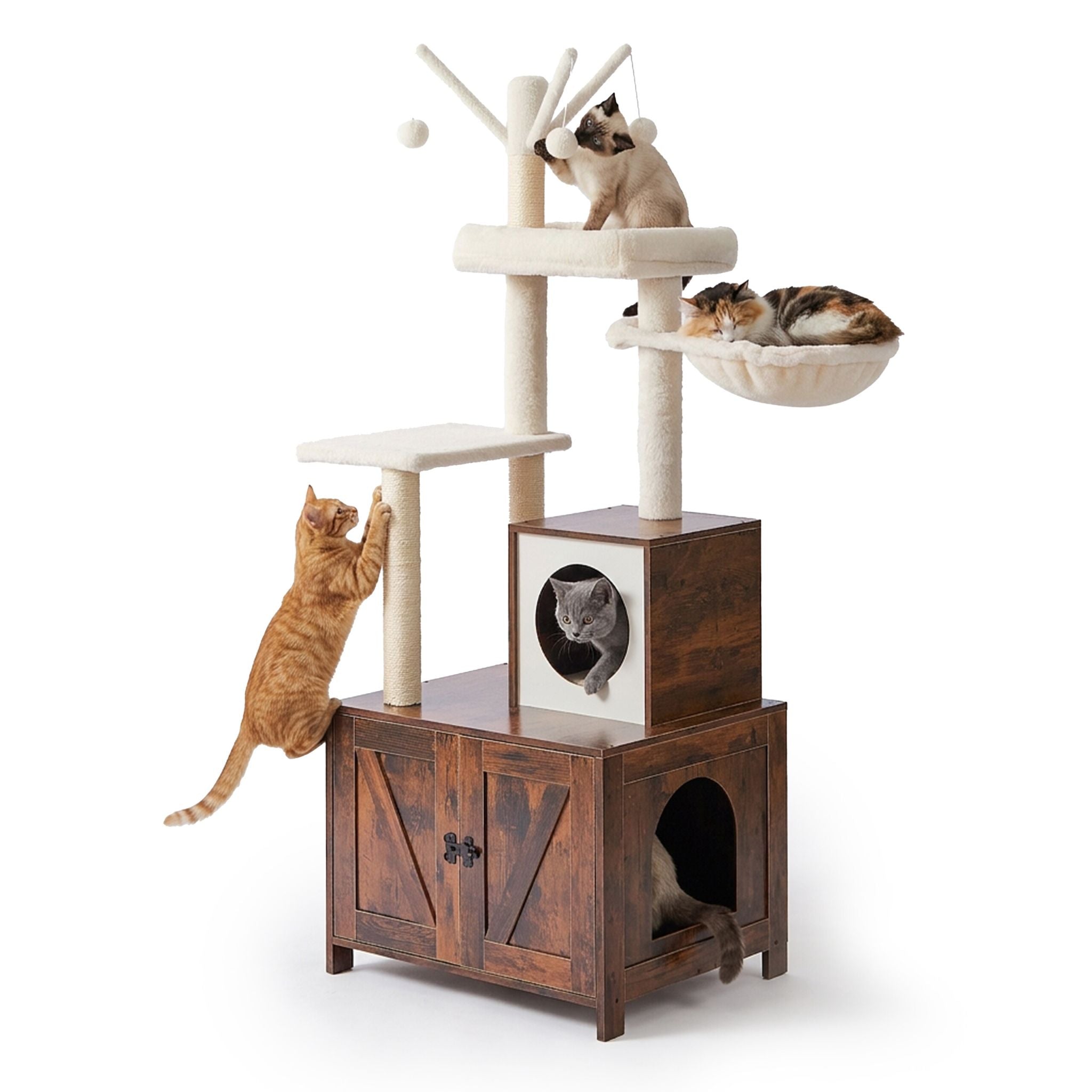 Kratzbaum mit Katzenklo-Schrank 150cm Weiss-Dunkelbraun von Relaxdays