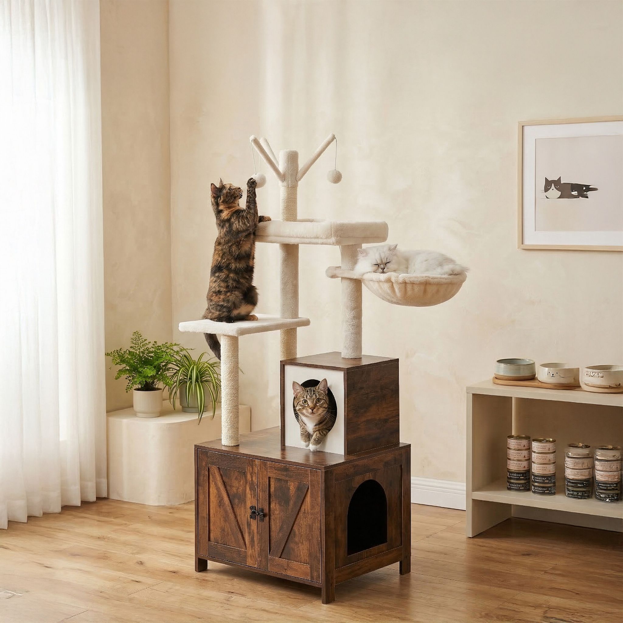 Kratzbaum mit Katzenklo-Schrank 150cm Weiss-Dunkelbraun von Relaxdays